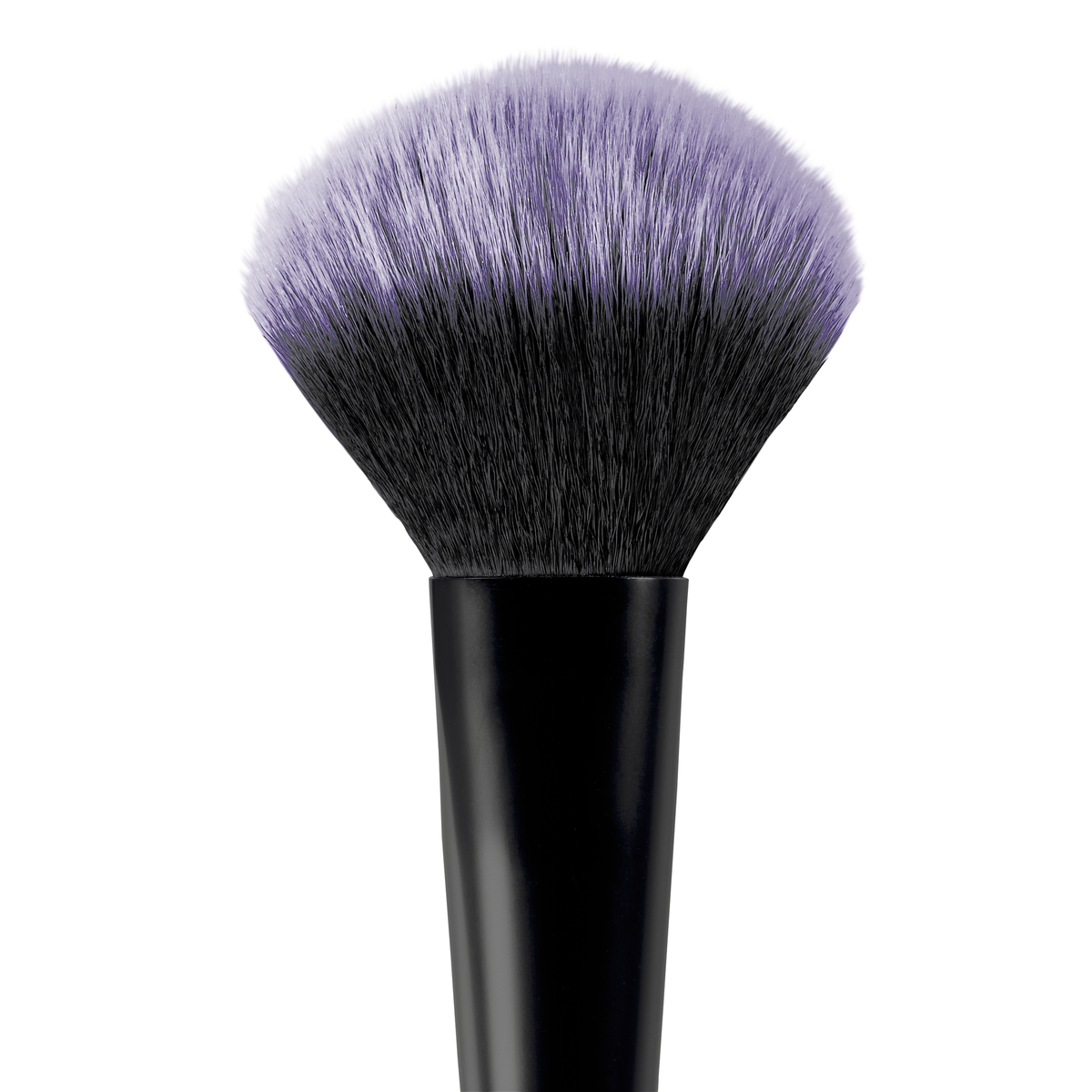Brush head detail, showing bi-color synthetic bristles fanning out widely from the handle for a delicate and wide-area powder application technique.