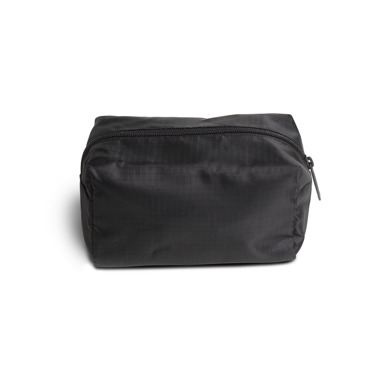 Front view, full zippered travel pouch, closed, in black.