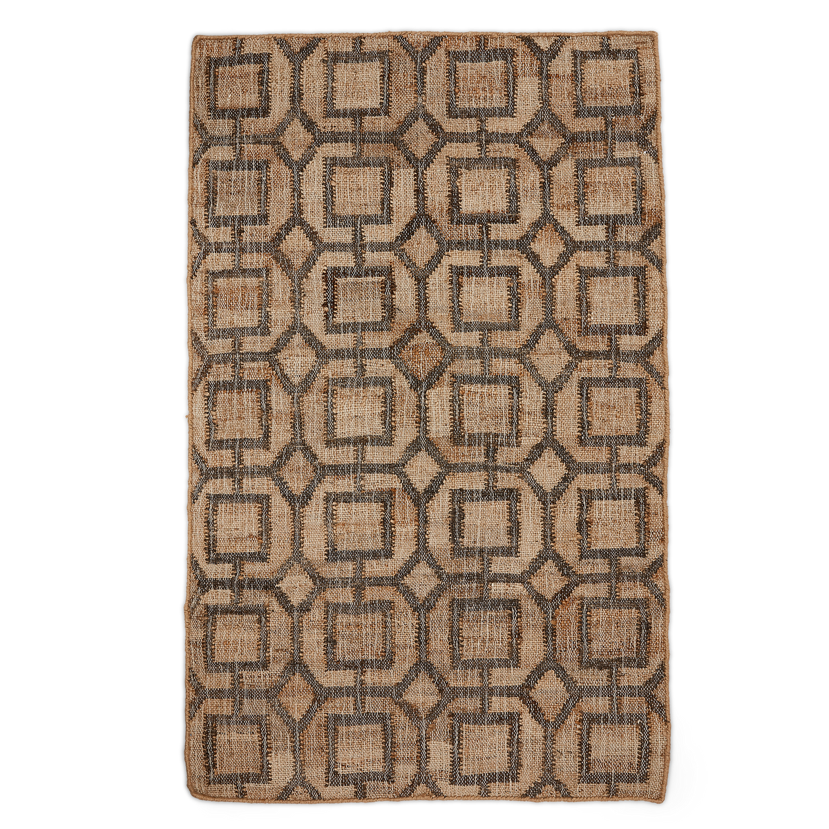 Top view, Fern hand-woven Jute and natural charcoal goemetric patterned rug.