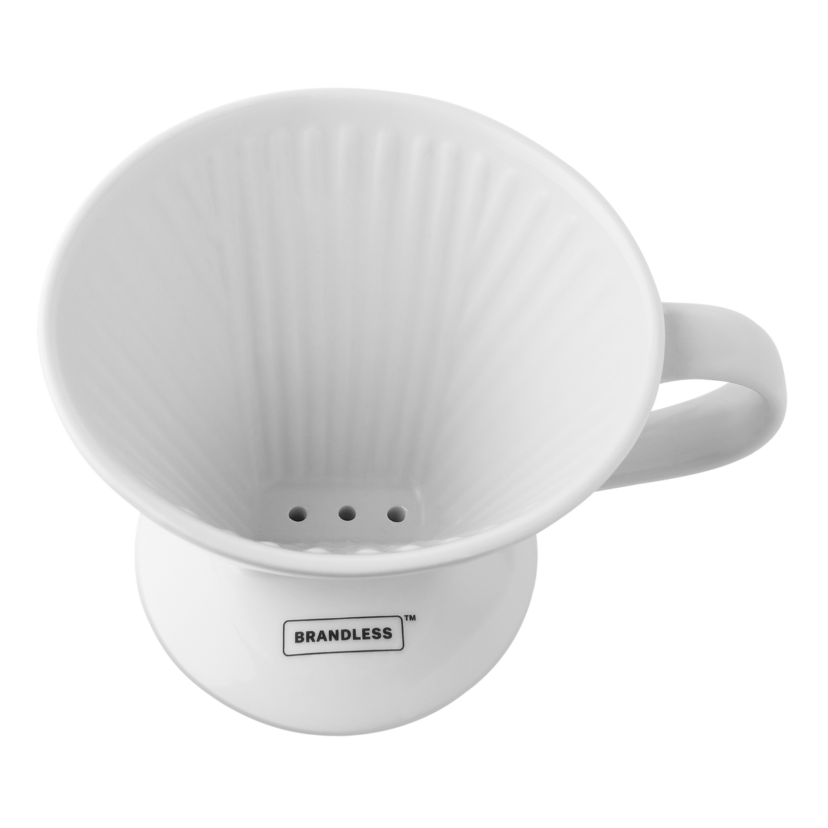 Top view of pour over coffee cone, showing internal fluting for additional surface area and smooth dripping,nd the three main seep pores at the bottom.