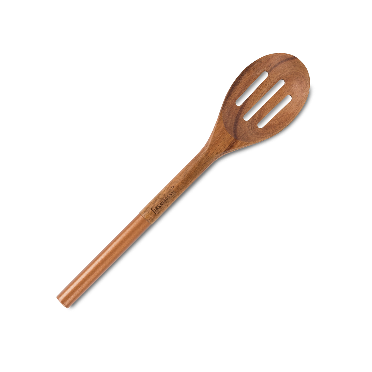 Product photo, acacia wood slotted serving spoon with copper color handle cap.