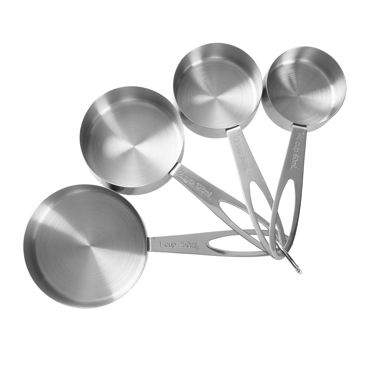 Top view, showing the flat-bottom stainless steel measuring cups in all four sizes.