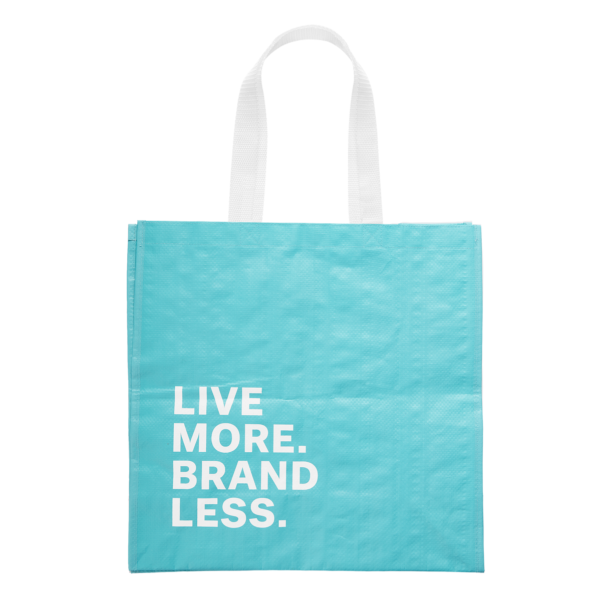 Front view, Teal bag with slogan: live more brand less.