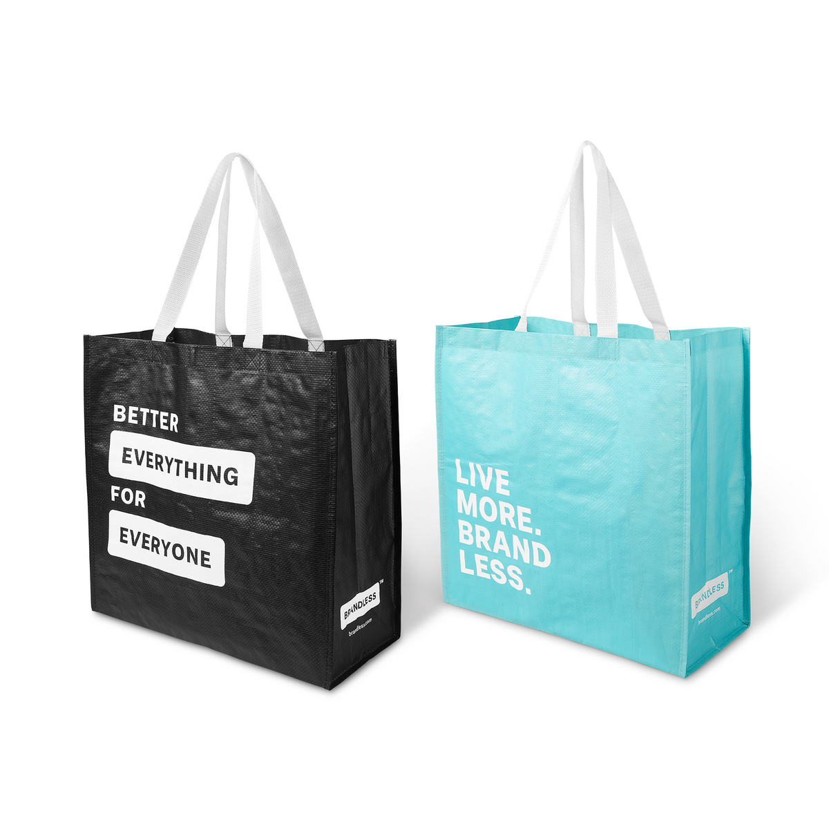 3/4 view of both black and teal bags showing their slogan-printed sizeds of better everything for everyone and live move brand less.