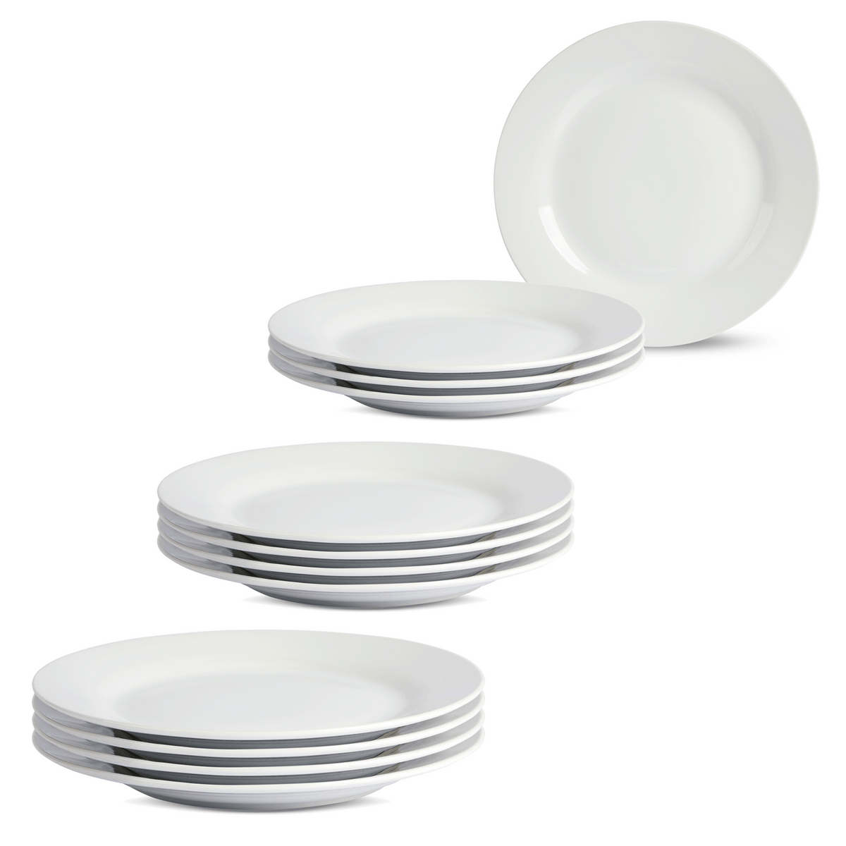 12 dinner plates, stacked and shown up and on end.
