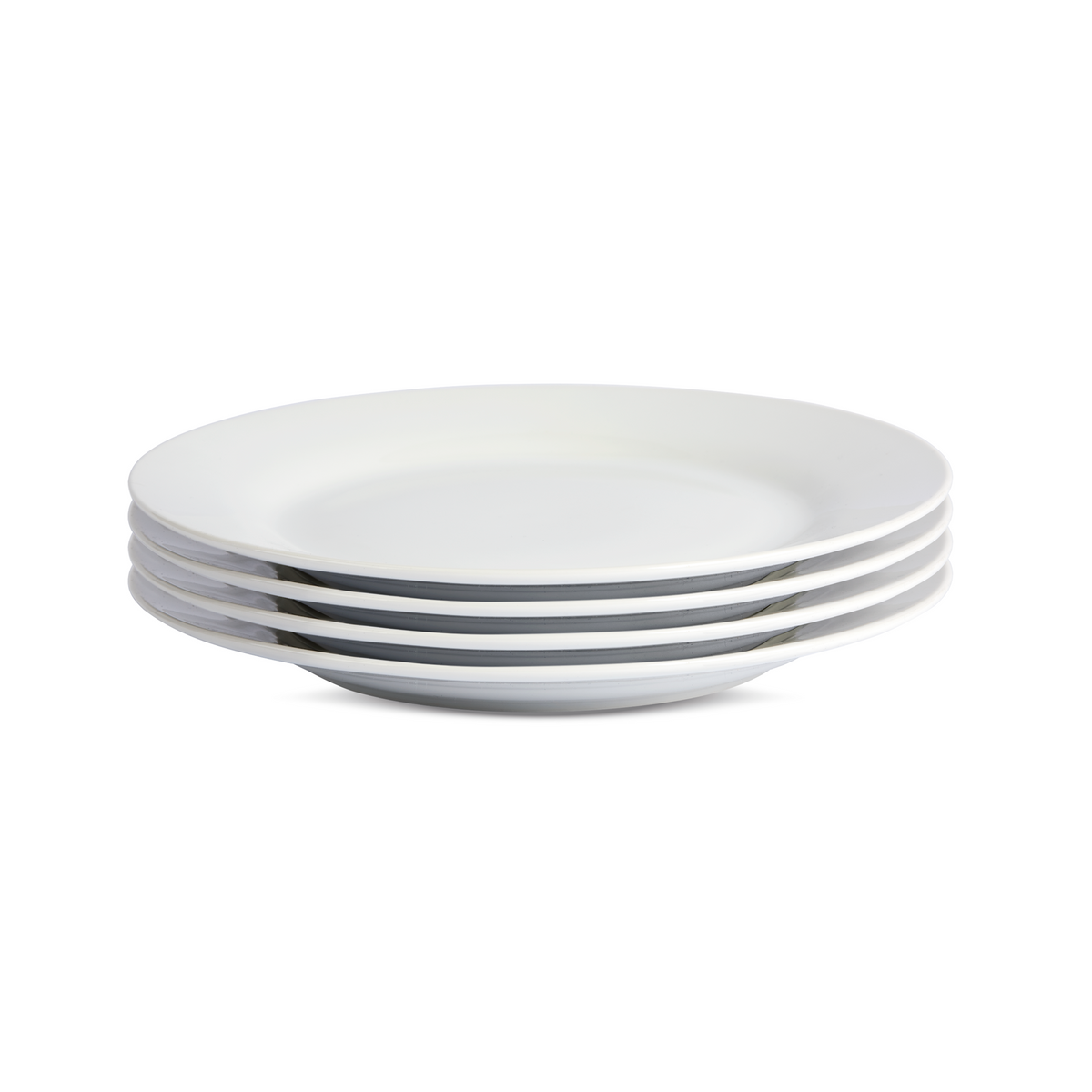 Side view, 4 stacked white porcelain dinner plates showing efficient storage.