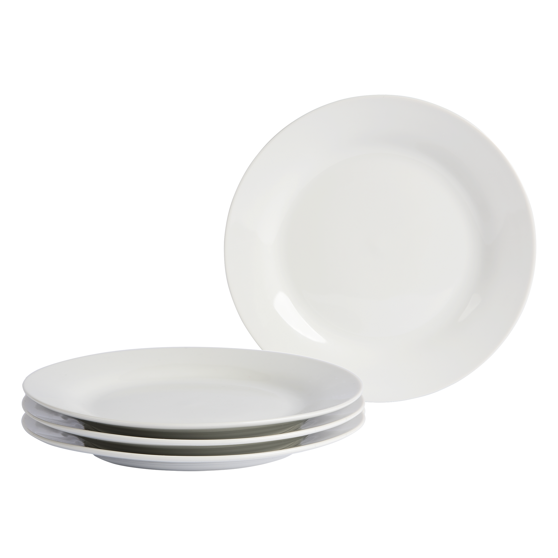 Set of 12 plates, stacked and showing one plate up on edge.