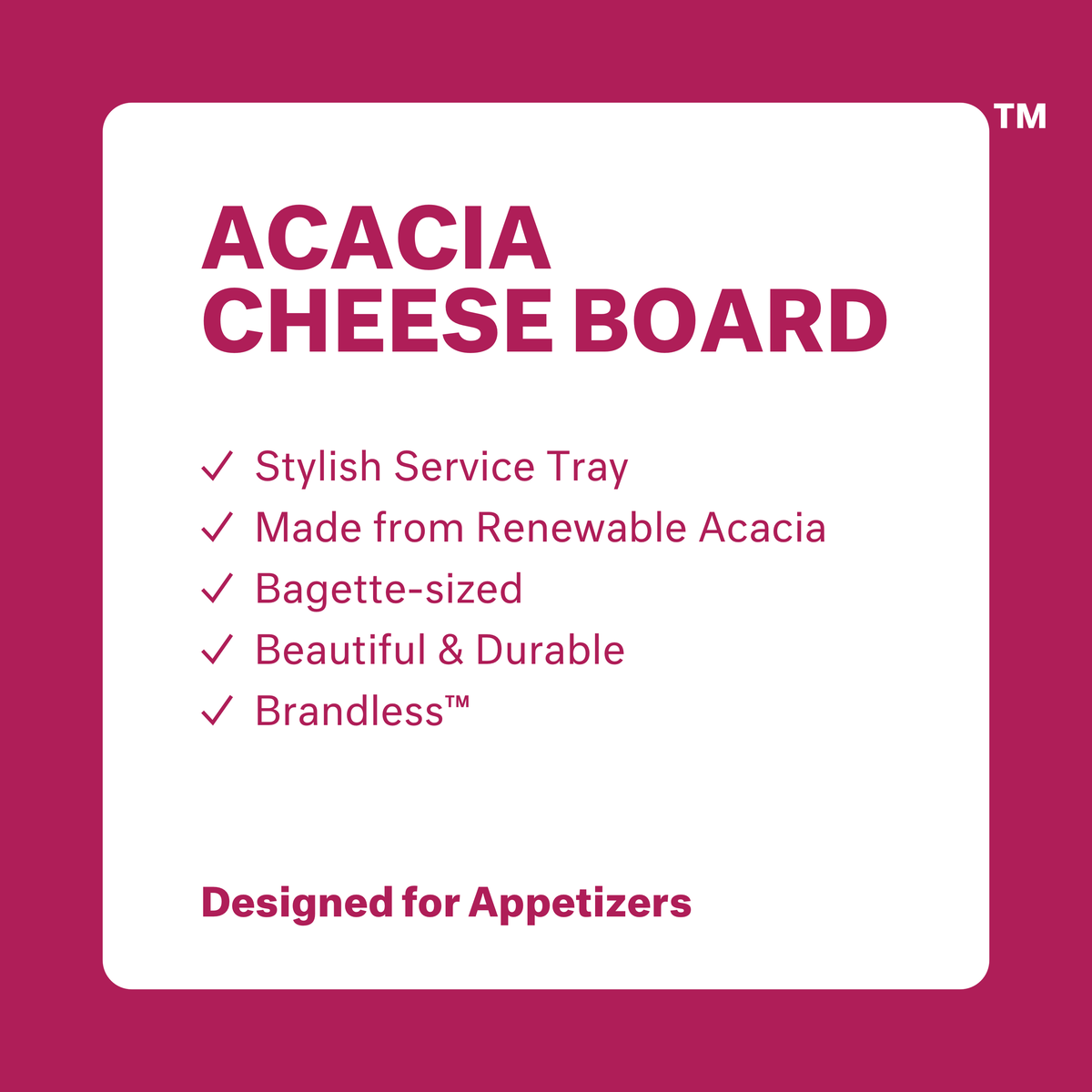 Acacia Cheese Board: stylish service tray, made from renewable acacia, bagette-sized, beautiful &amp; durable, Brandless.  Designed for appetizers.