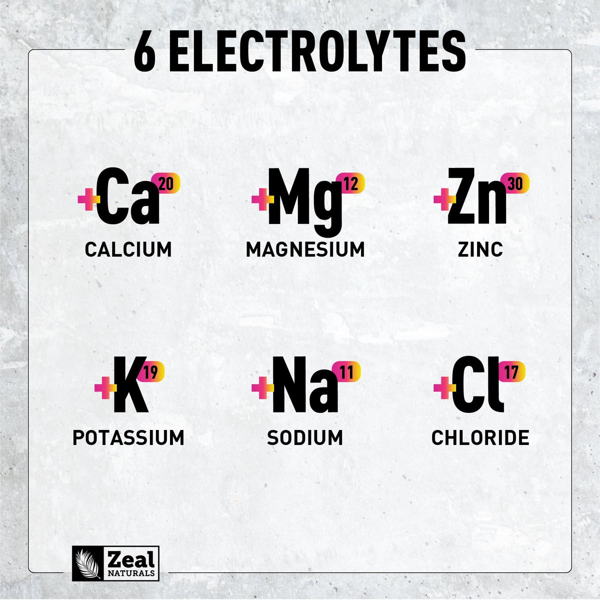 Product contains 6 electrolytes: Calcium, Magnesium, Zinc, Potassium, Sodium, and Chloride.