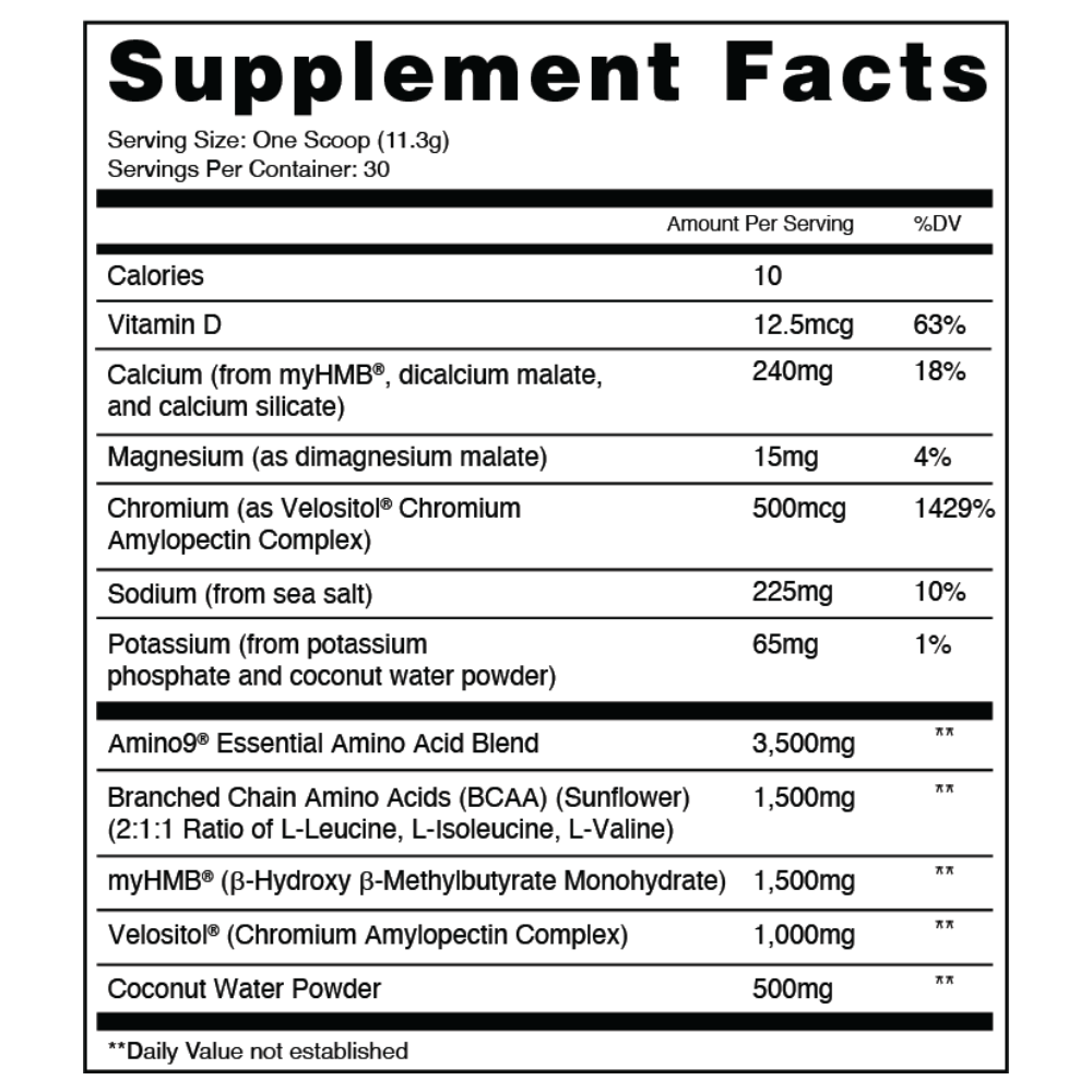 Supplement facts. Serving size: 1 scoop, 11.3g. Servings per container: 30. Calories: 10. Vitamin D: 12.5mcg. Calcium: 240mg. Magnesium: 15mg. Chromium: 500mcg. Sodium: 225mg. Potassium: 65mg.