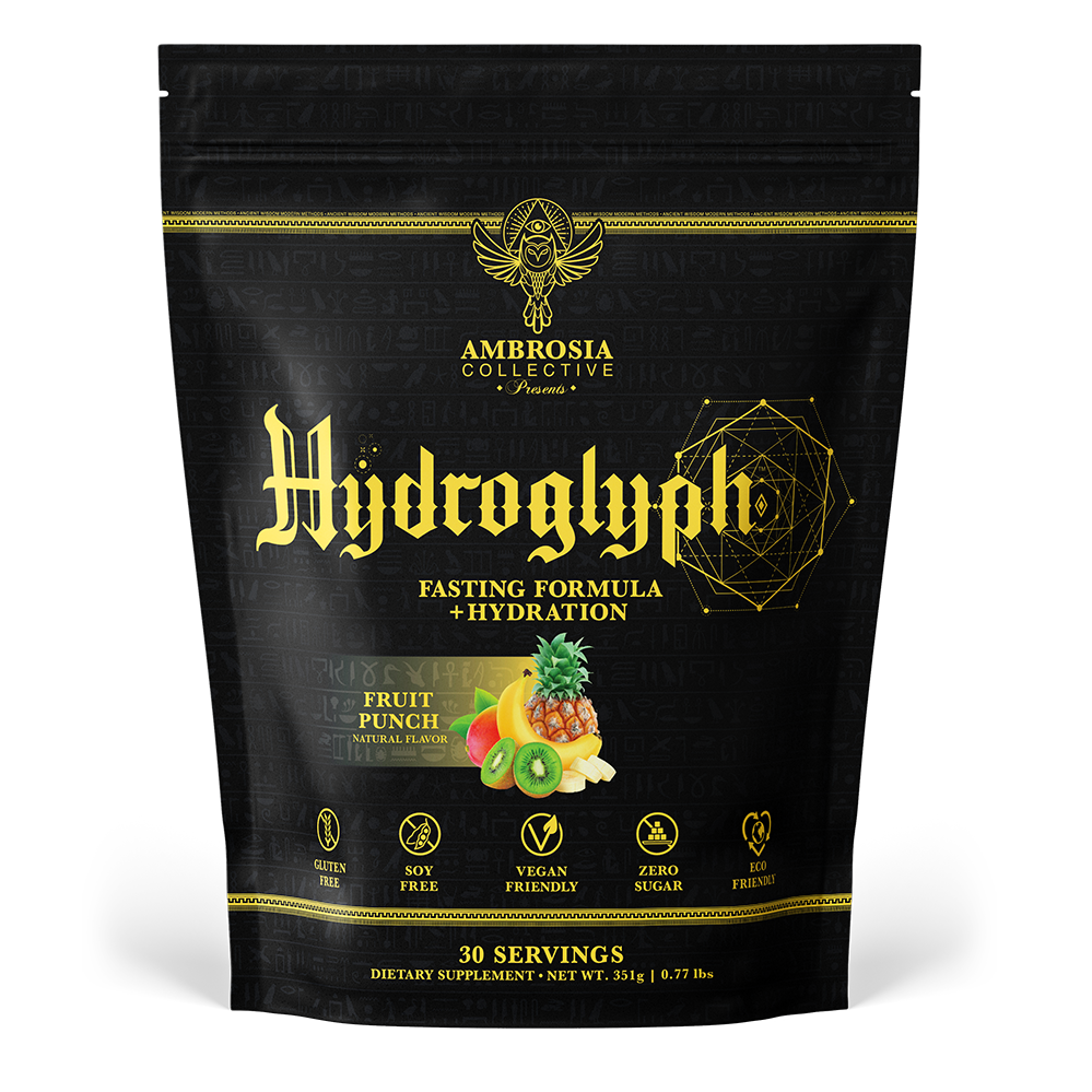 Hydroglyph fasting formula and hydration - fruit punch natural flavor. gluten free, soy free, vegan friendly, zero sugar. 30 servings. Dietary supplement. Net weight 351g, 0.77 lbs.