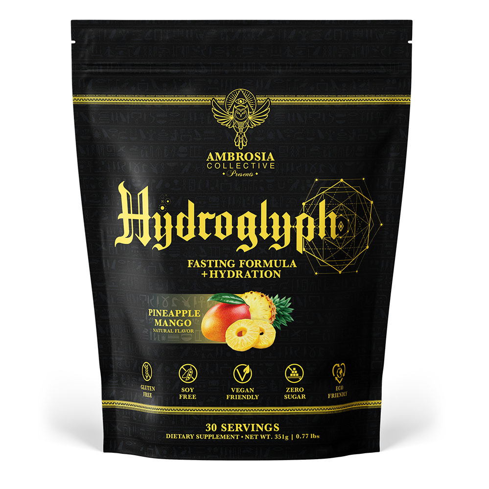 Hydroglyph fasting formula and hydration - pineapple mango natural flavor. gluten free, soy free, vegan friendly, zero sugar. 30 servings. Dietary supplement.  Net weight 351g, 0.77 lbs.