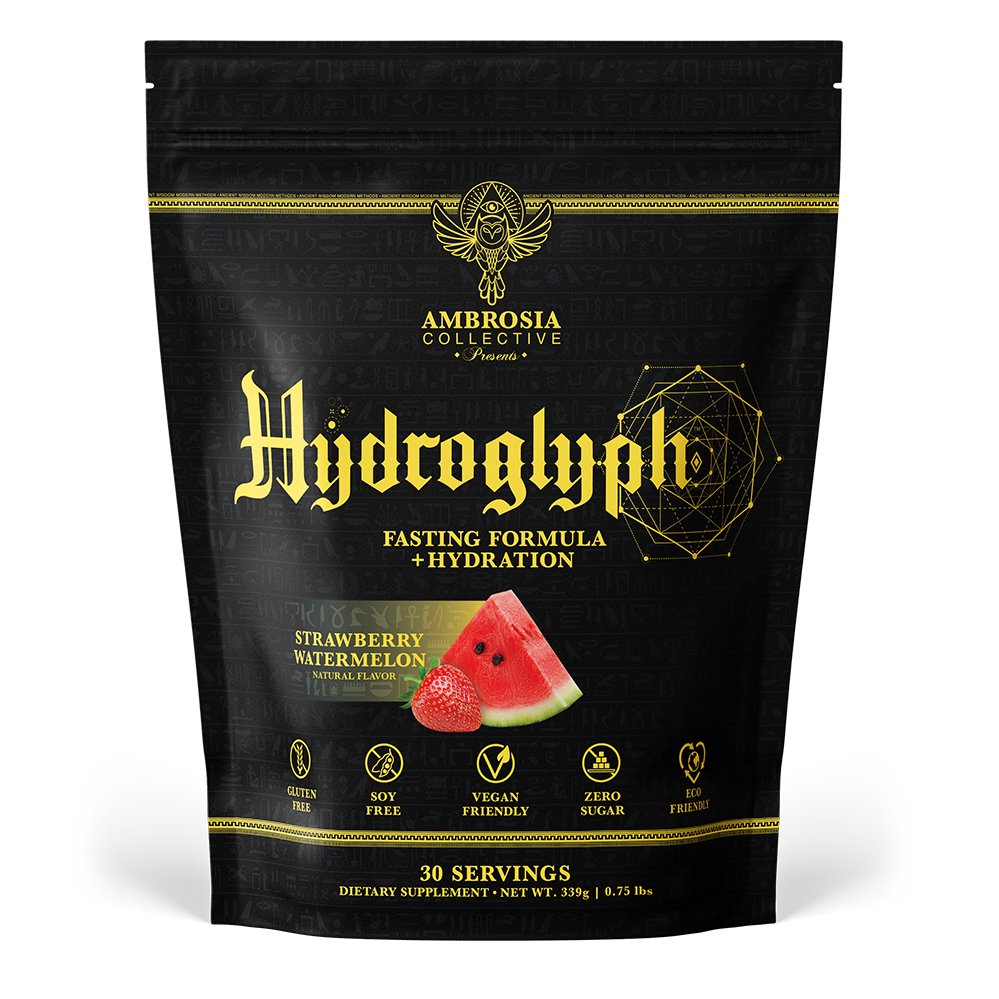 Hydroglyph fasting formula and hydration - strawberry watermellon natural flavor. gluten free, soy free, vegan friendly, zero sugar. 30 servings. Dietary supplement. Net weight 339g, 0.75 lbs.