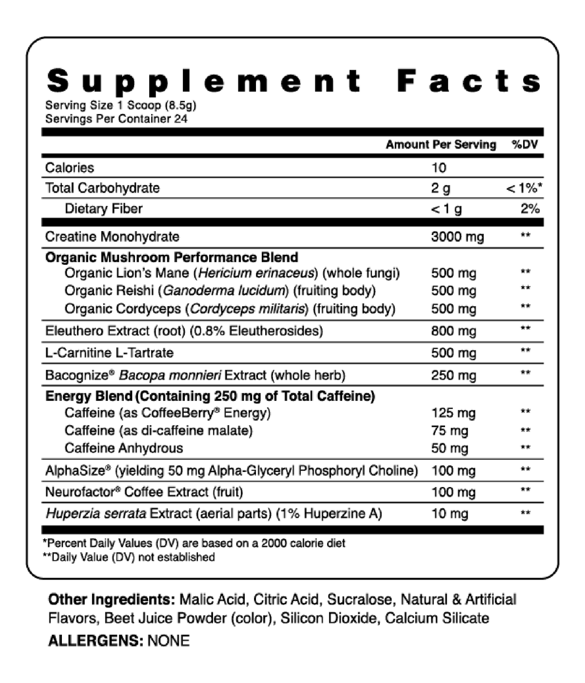 Supplement Facts. Serving size: 1 scoop, 8.5g. Servings per container: 24. Calories: 10. Total Carbohydrate: 2g. Creatine Monohydrate: 3000mg. Organic Mushroom Performance Blend: Organic lion&#39;s mane 500mg, organic reishi 500mg, organic cordyceps 500mg.  Other ingredients: malic acid, citric acid, sucralose, natural and artificial flavors, beet juice powder (color), silicon dioxide, calcium sitrate.