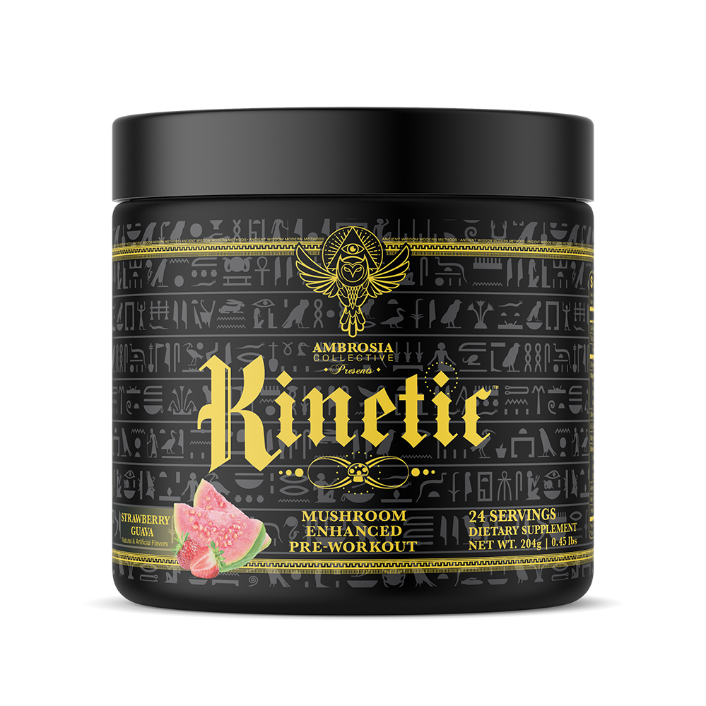 Strawberry Guava Kinetic. Mushroom enhanced pre-workout. 24 servings. Dietary Supplement. Net weight 204g, 0.45 lbs.