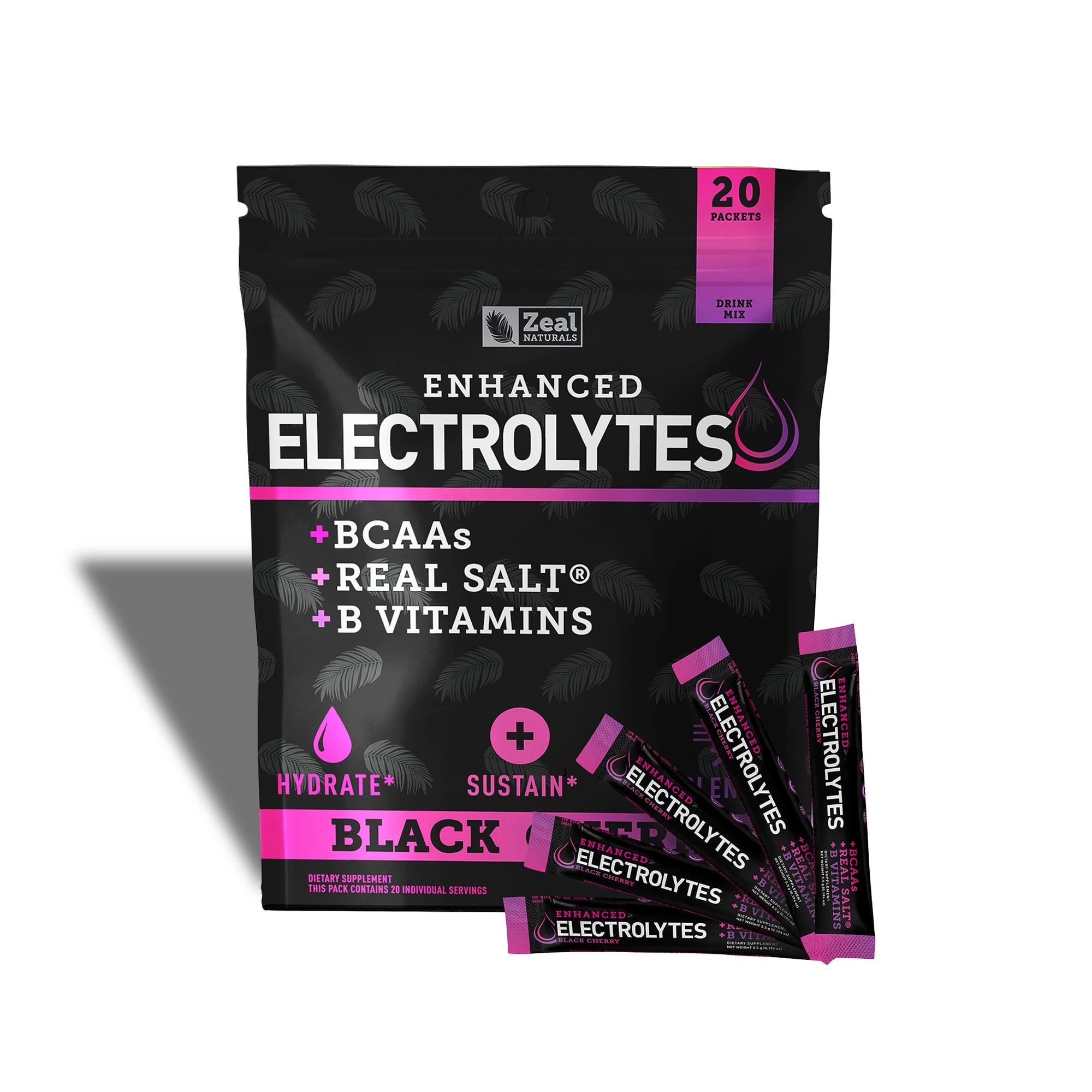 Black Cherry Flavor Zeal Enhanced Electrolytes. 20 Packets. BCAAs, Real Salt, B Vitamins.