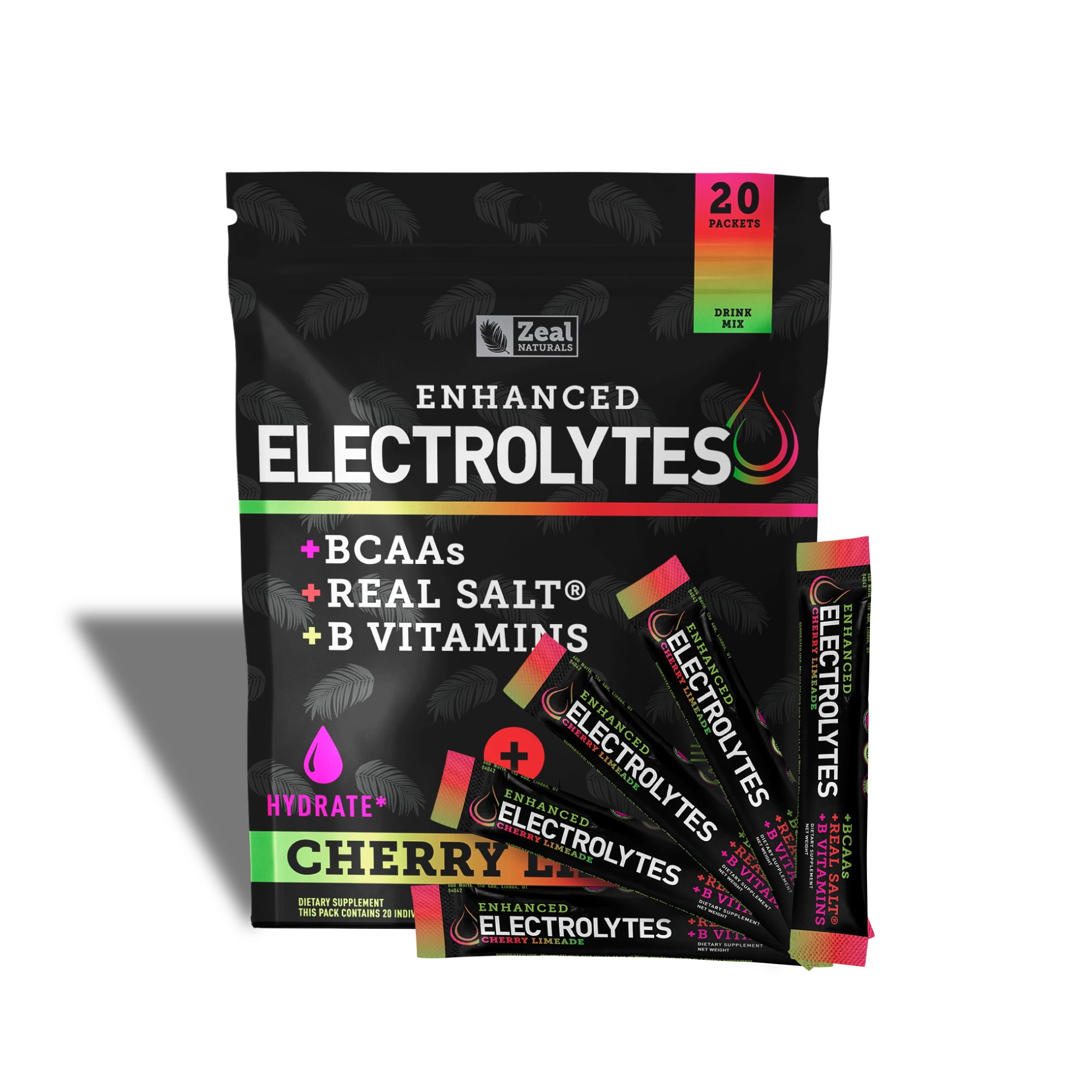 Cherry Limeade Flavor Zeal Enhanced Electrolytes. 20 Packets. BCAAs, Real Salt, B Vitamins.