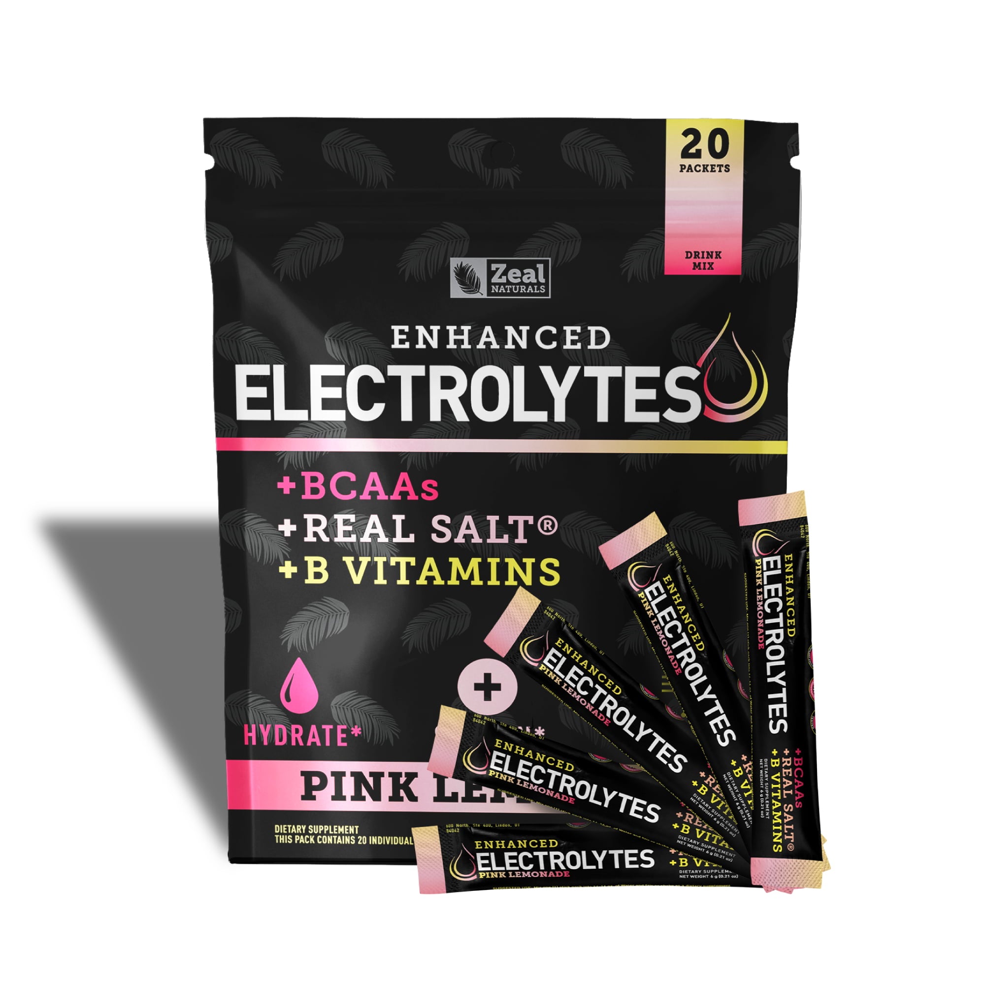 Pink Lemonade Flavor Zeal Enhanced Electrolytes. 20 Packets. BCAAs, Real Salt, B Vitamins.