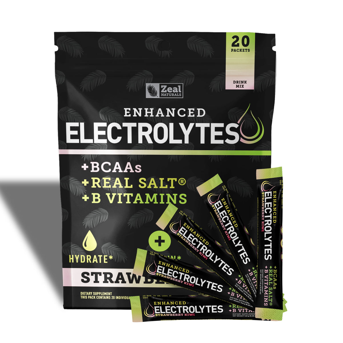 Strawberry Kiwi Flavor Zeal Enhanced Electrolytes.  20 Packets. BCAAs, Real Salt, B Vitamins.