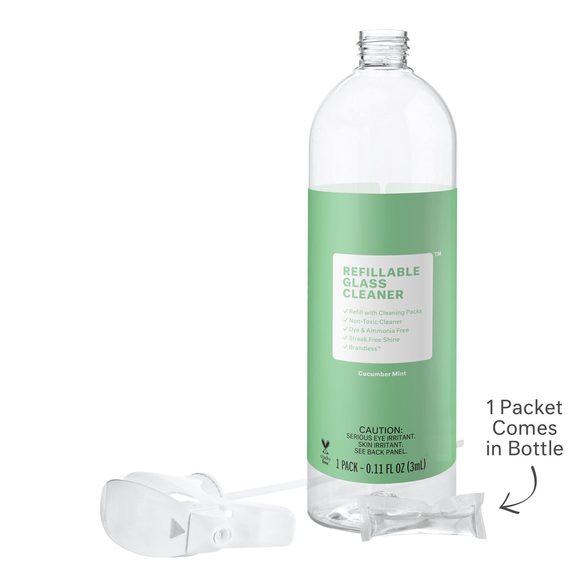 Cucumber mint spray bottle front view with visual of refill packet