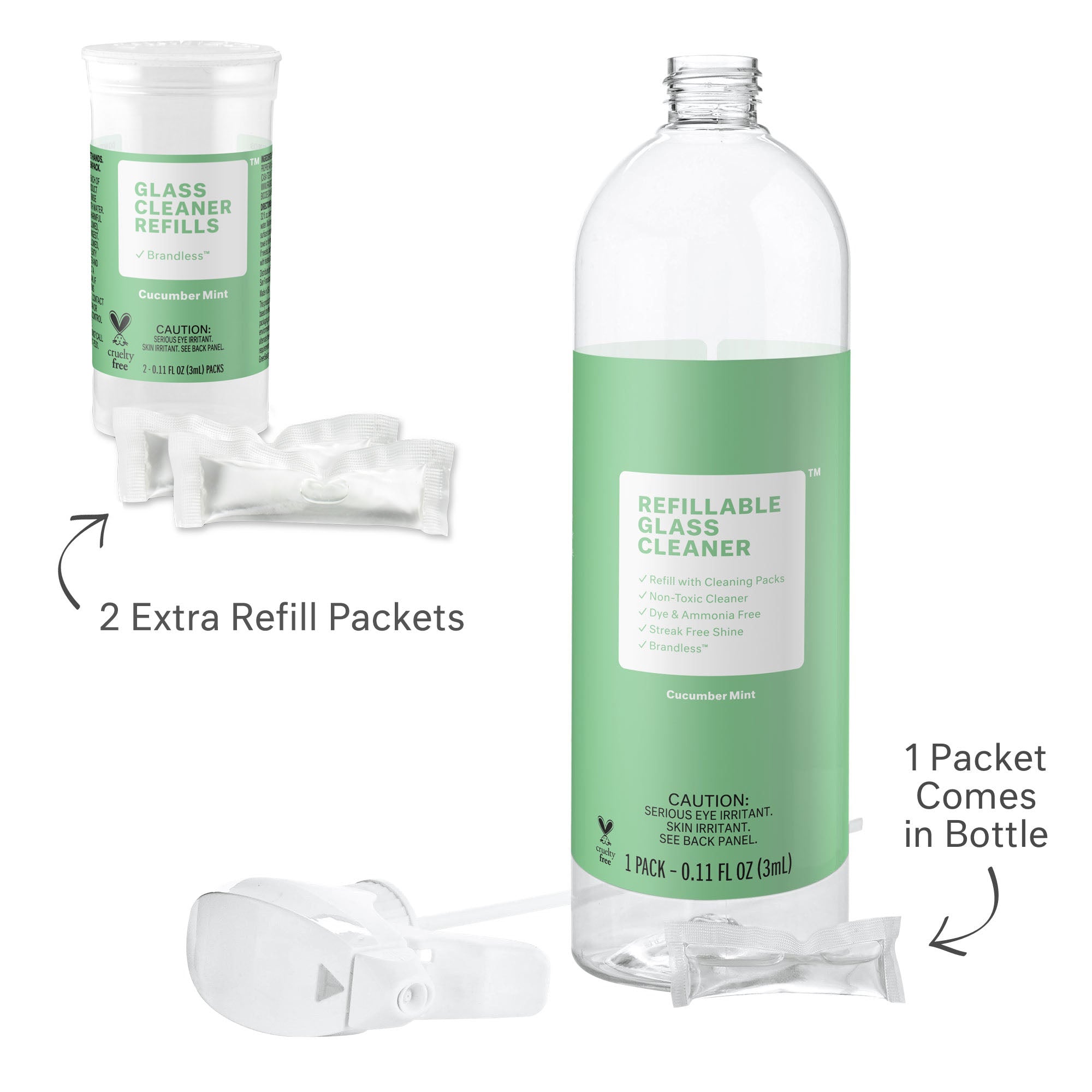 Cucumber Mint Glass Cleaner Bottle and refill packets