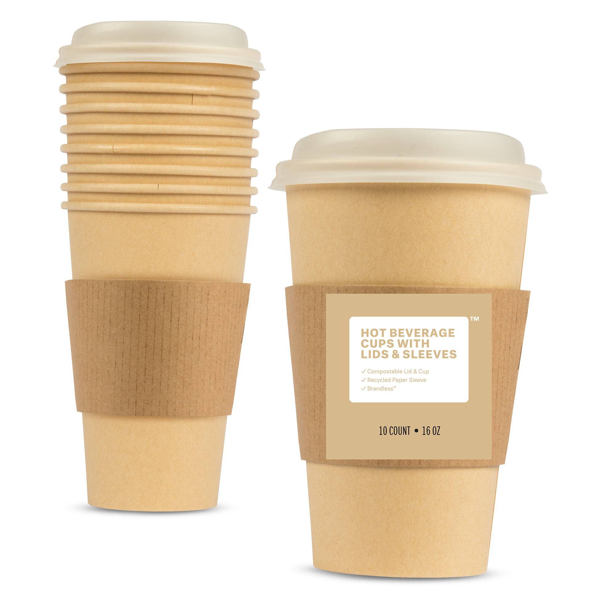 Hot Beverage Cups with Lids and Sleeves.  Front view, showing one assembled cup+lid+sleeve and a nested stack of the rest of the cups.