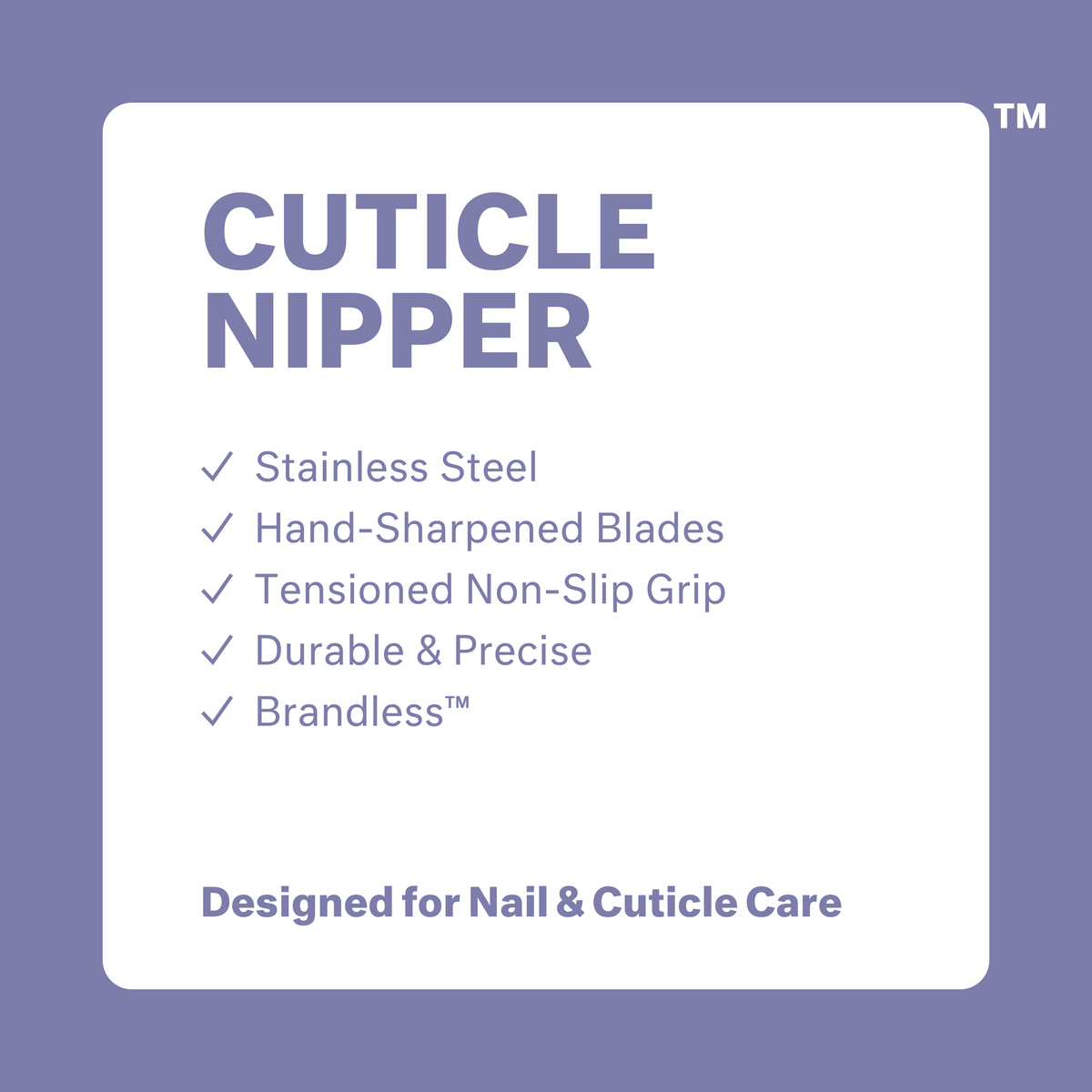Cuticle Nipper: stainless steel, hand-sharpened blades, tensioned non-slip grip, durable and precise, brandless. Designed for nail and Cuticle care.