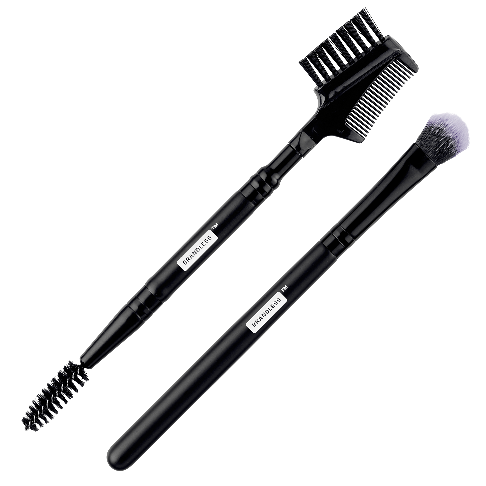 Top view, eye and brow brush set.  Brush one is a fine detail eyeshaddow brush. The other tool has a comb, an eyelash curler, and a stiff-bristle raking brush.