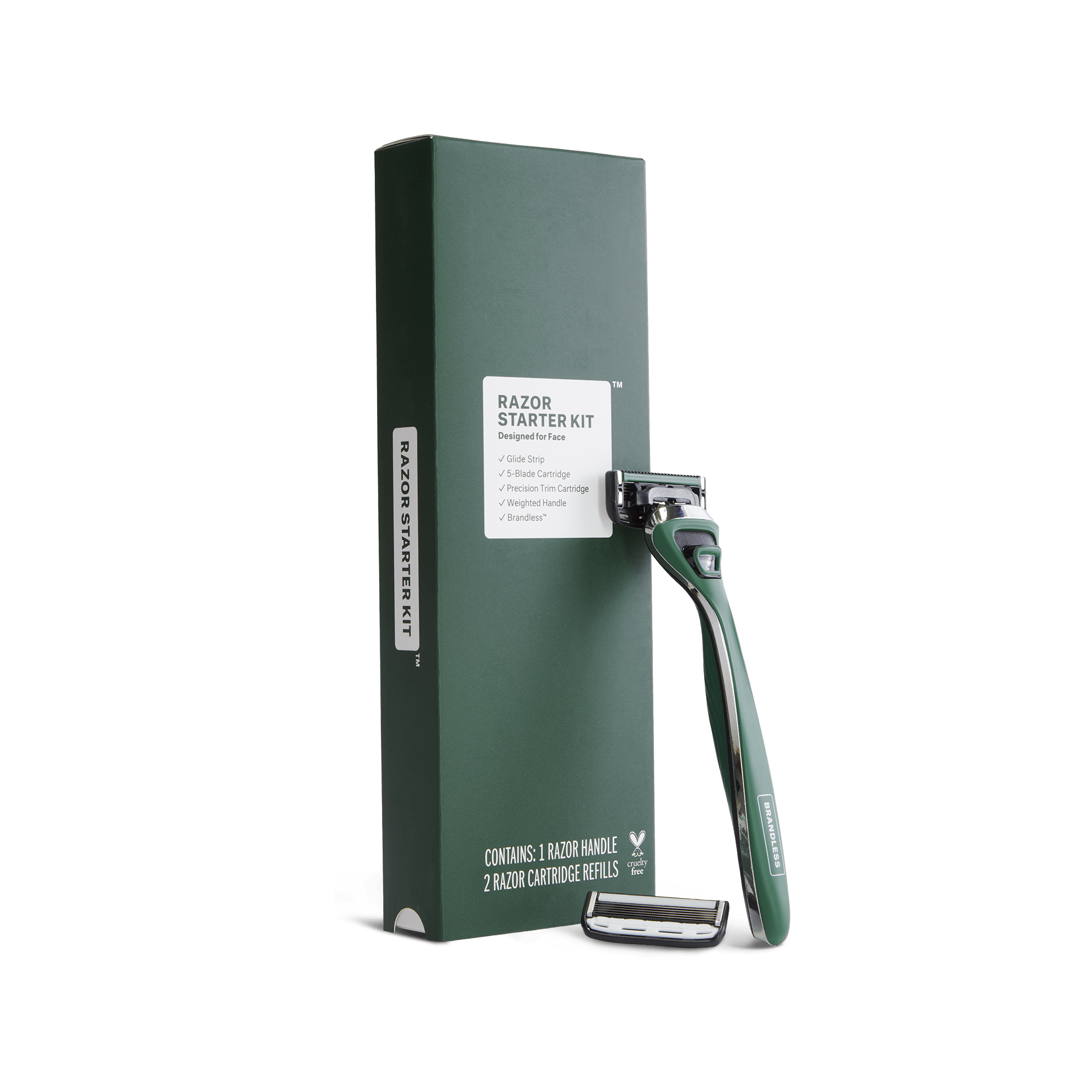 Product photo, brandless razor starter kit for face. Razor leaning up against the starter kit box in a forrest green and silver color, spare cartridge sits next to the handle.