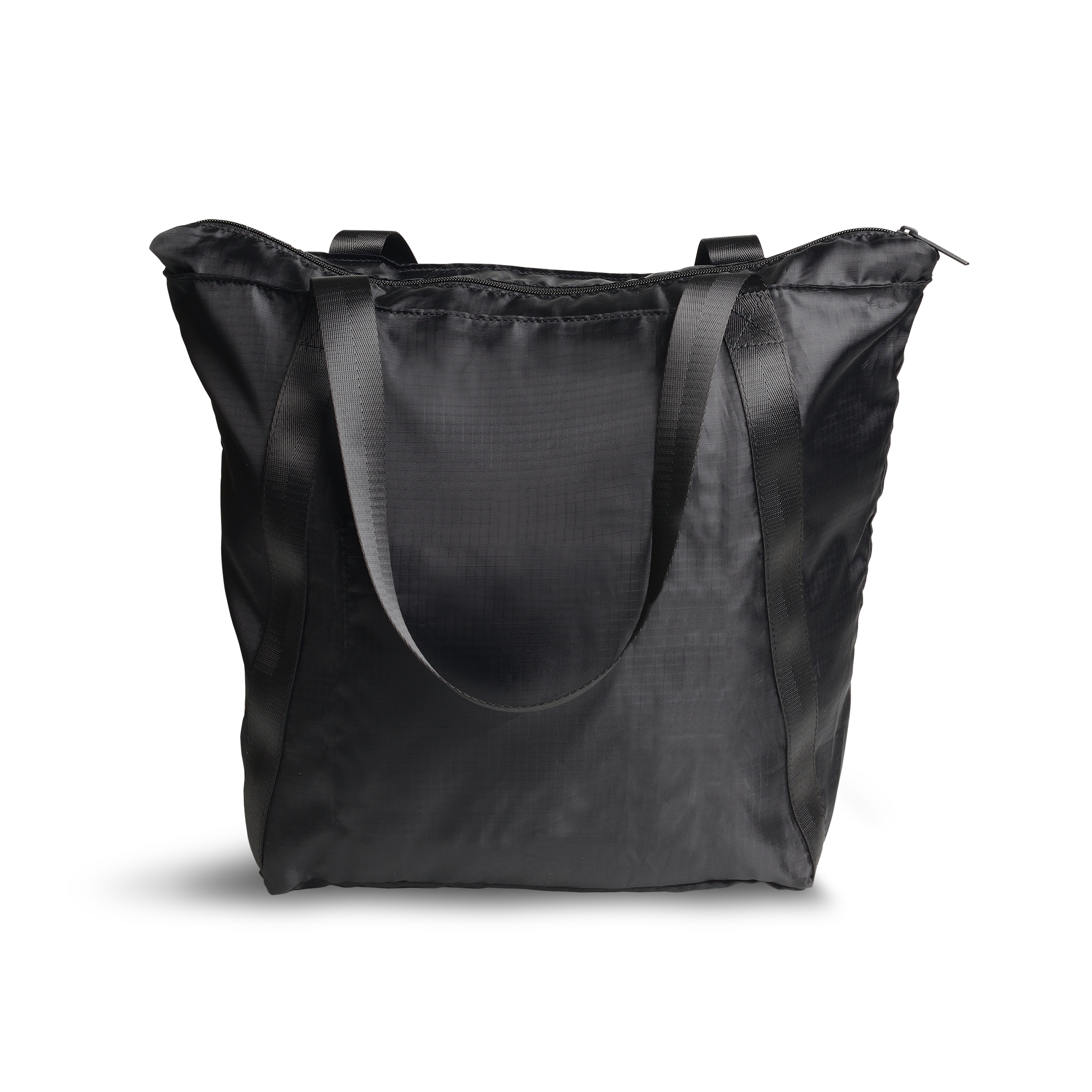 Front view, foldable tote bag, in black.