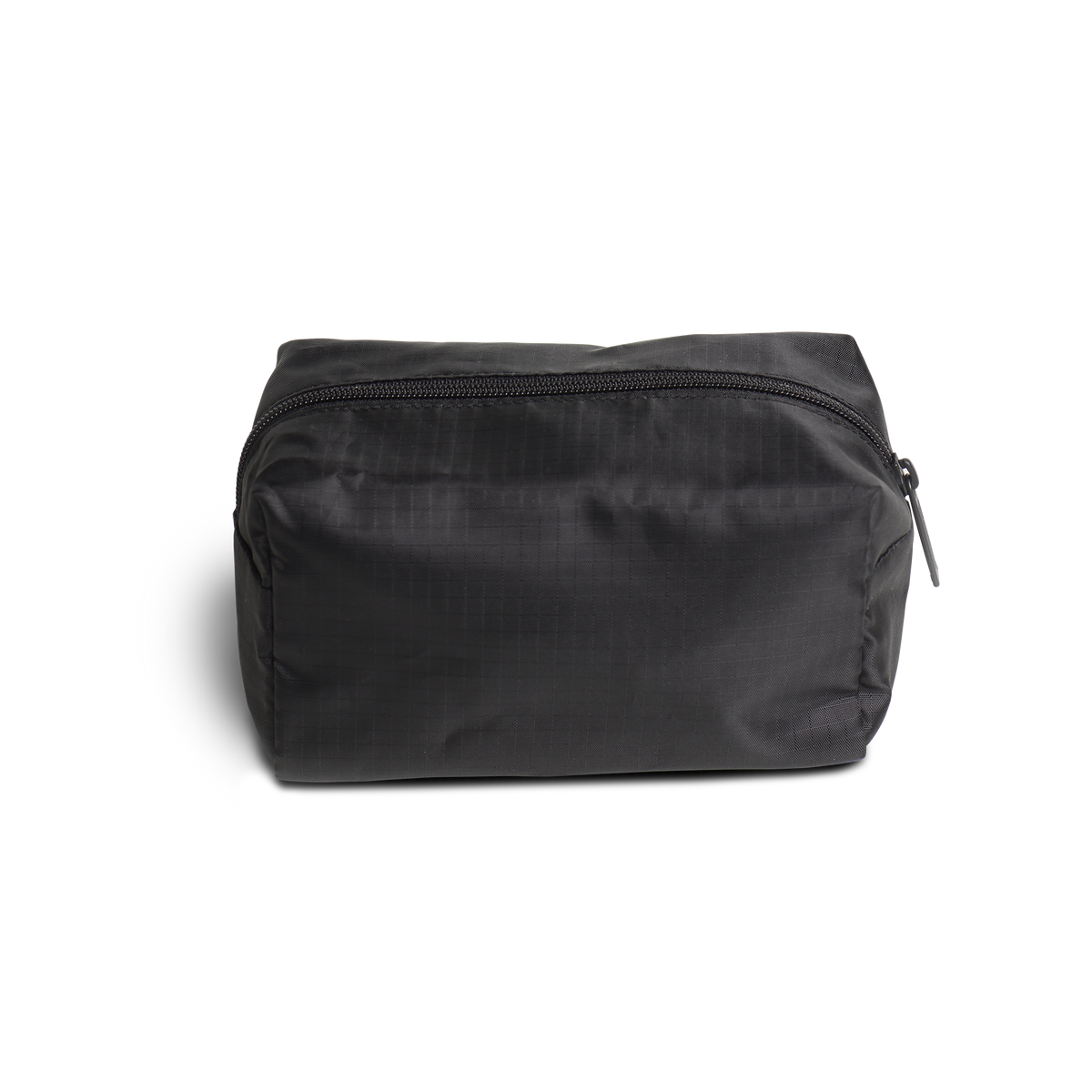 Front view, full zippered travel pouch, closed, in black.