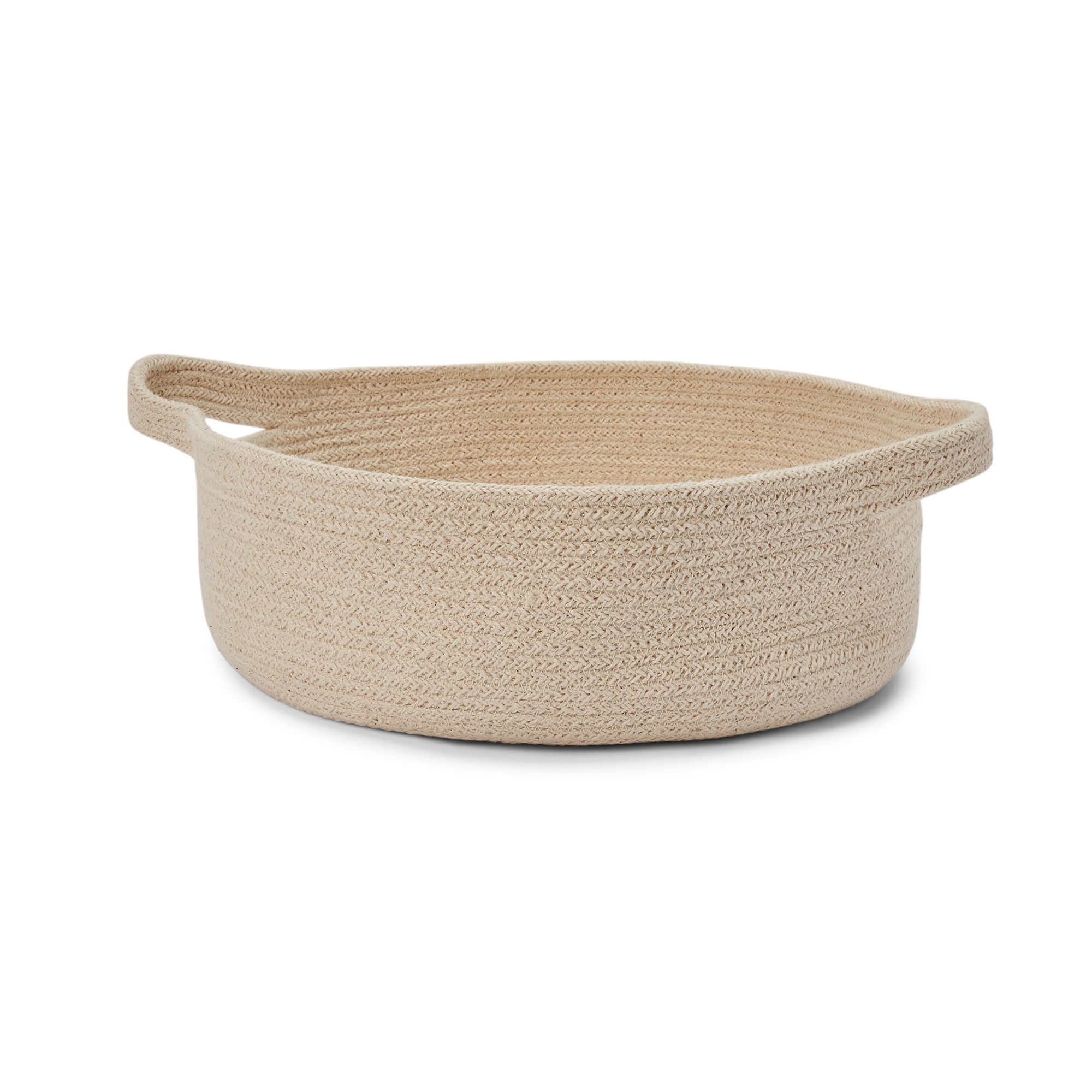 Side view, small size fern organic cotton basket with handles, in natural cotton color.