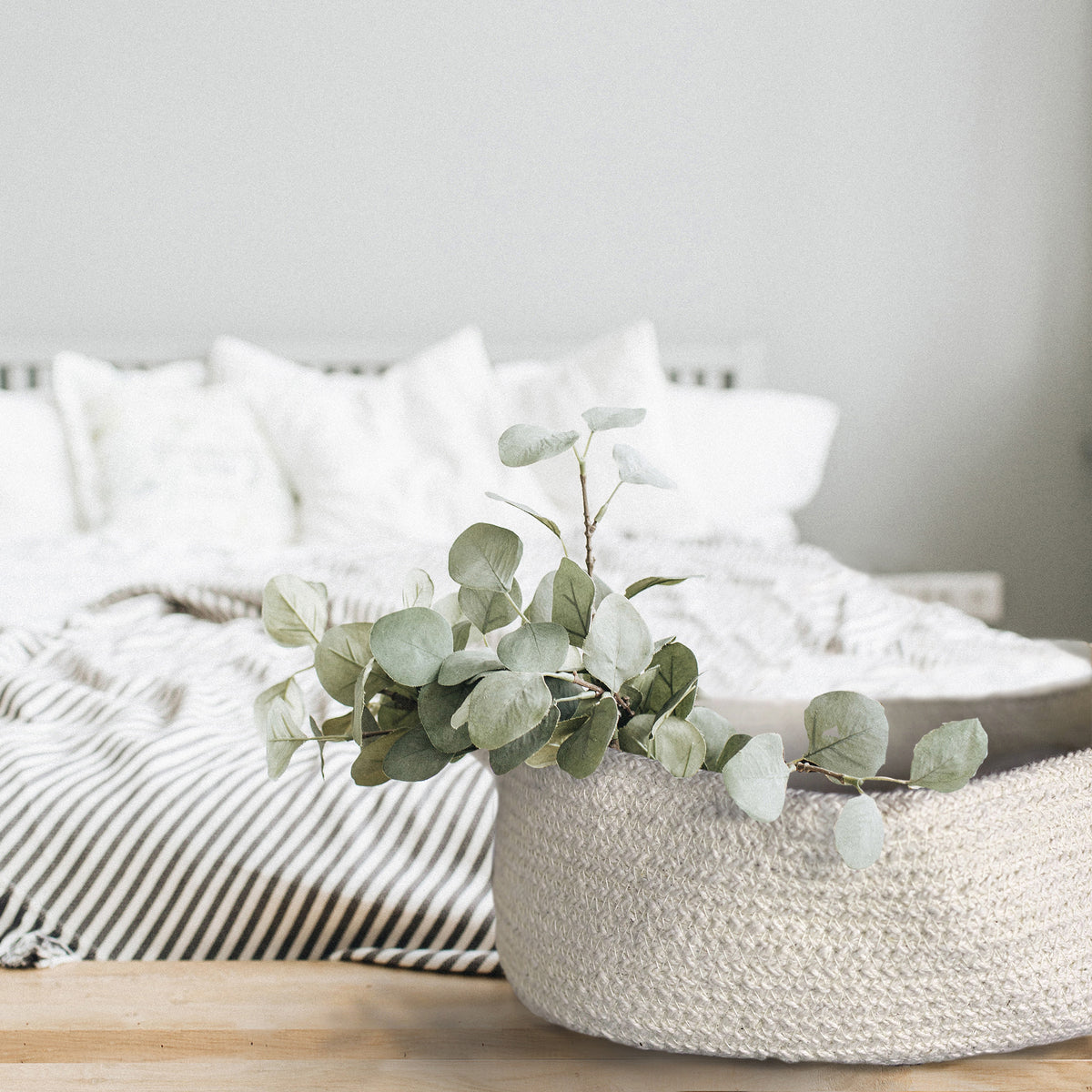 Fern small woven cotton basket holding leaves, bedspread in the background