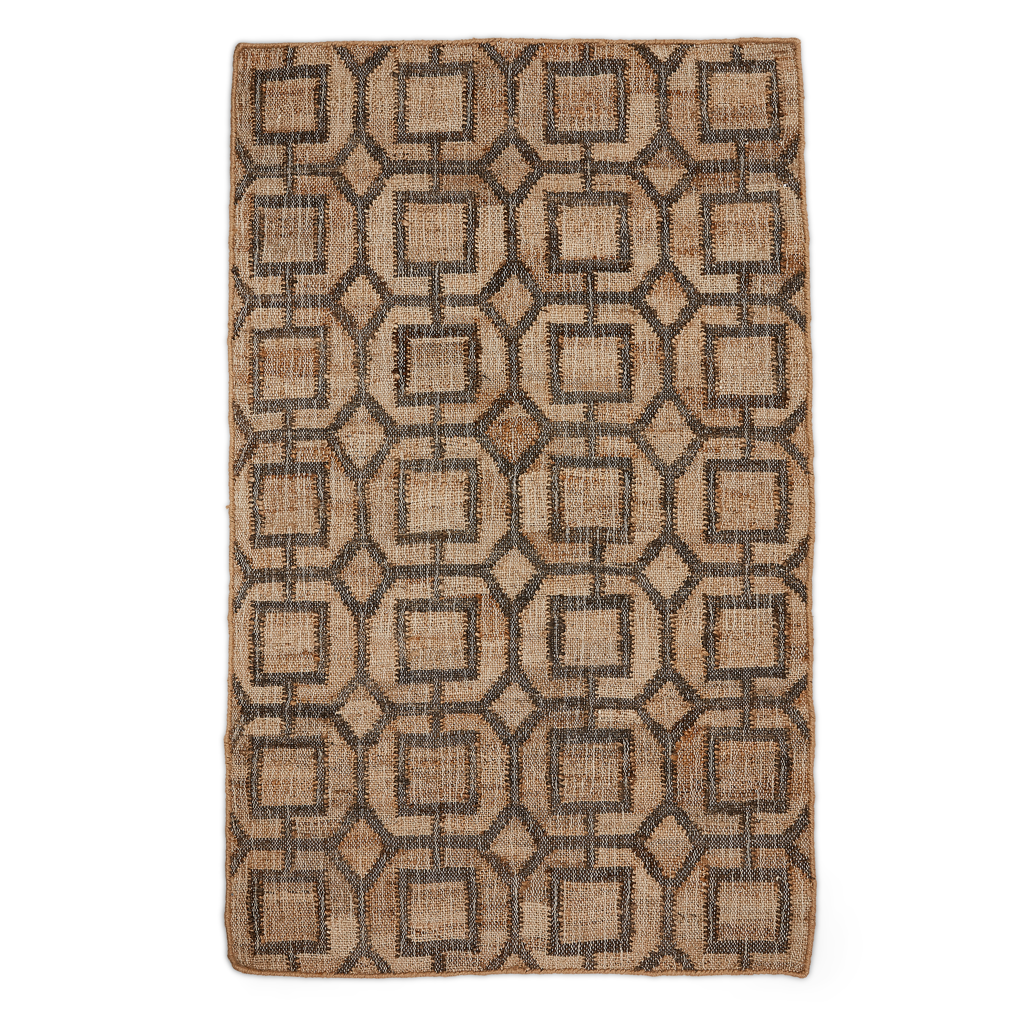 Top view, Fern hand-woven Jute and natural charcoal goemetric patterned rug.