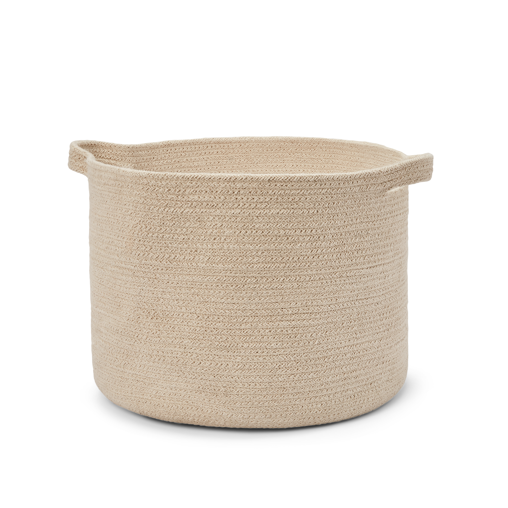 Side view, medium size fern organic cotton basket with handles, in natural cotton color.