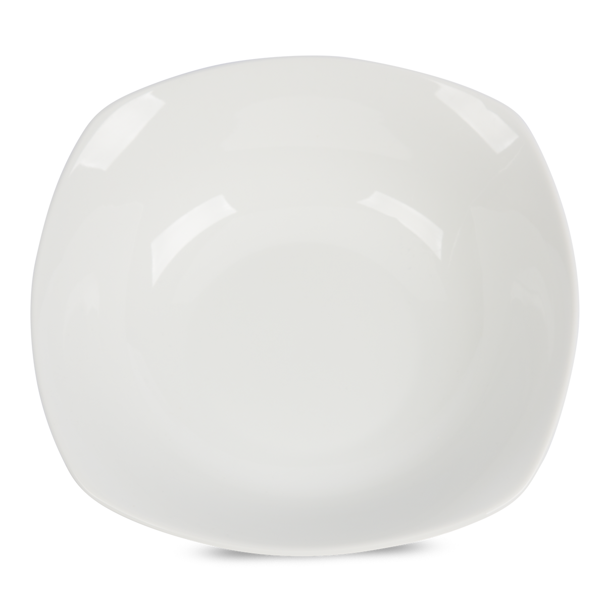 Top view, white porcelain serving bowl, with square-ish overall shape to maintain large capacity without becoming unweildy on the table.