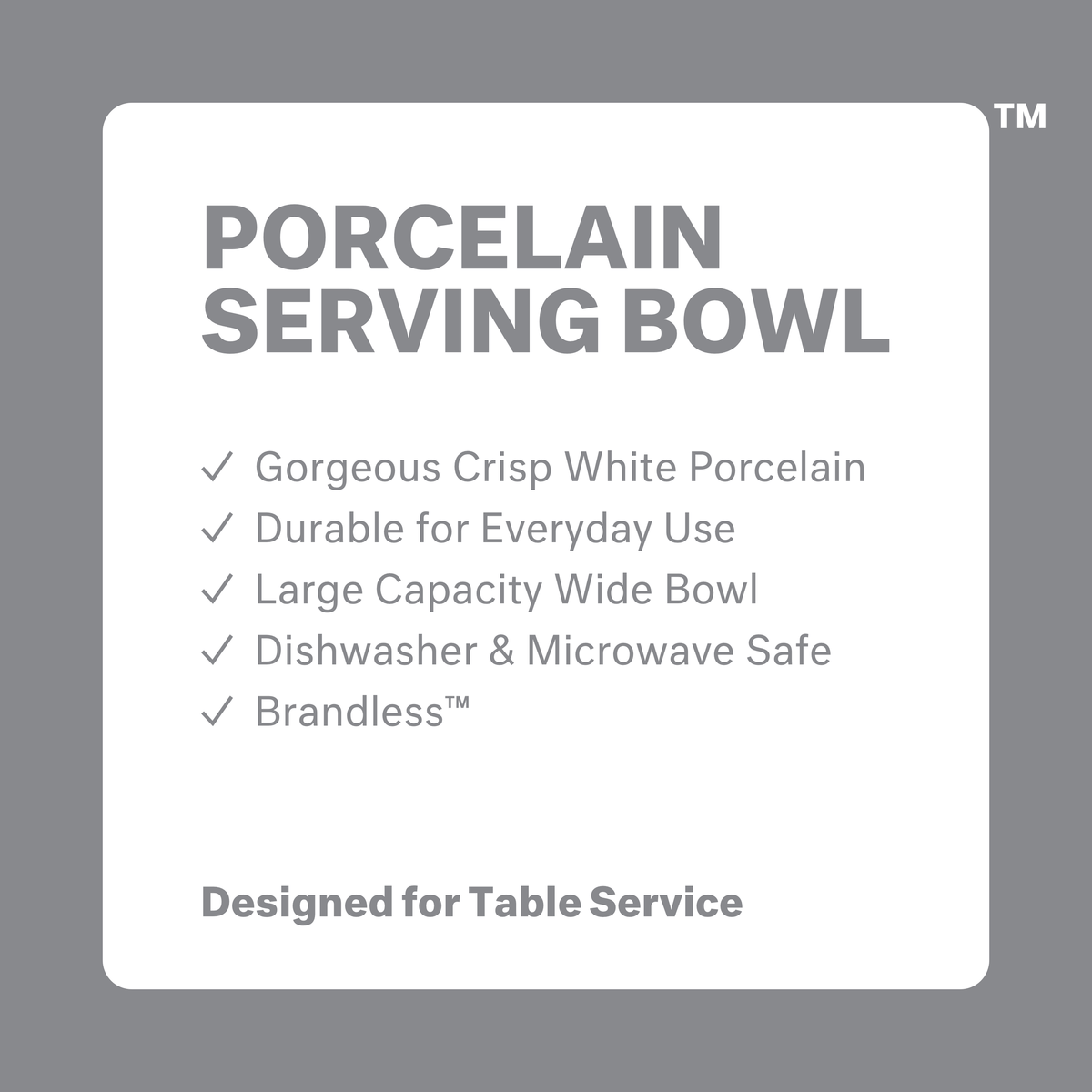 Porcelain Serving Bowl: gorgeous crisp white porcelain, durable for everyday use, large capacity wide bowl, dishwasher and microwave safe, Brandless. Designed for table service.