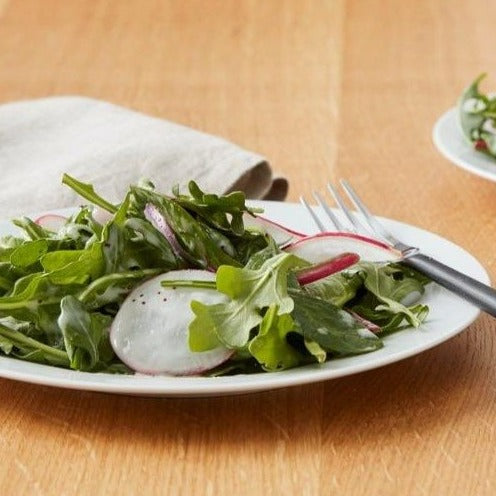 Fresh mixed greens and sliced chard salad on a white porcelain salad plate.