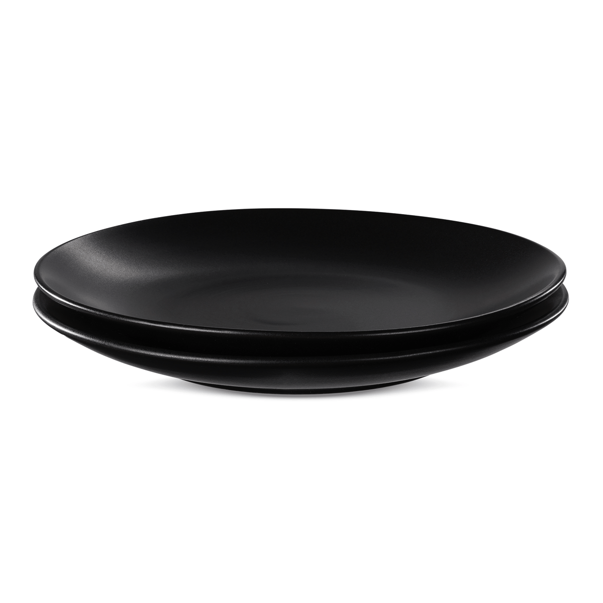 Product photo, a set of 2 stacked black stoneware salad plates.