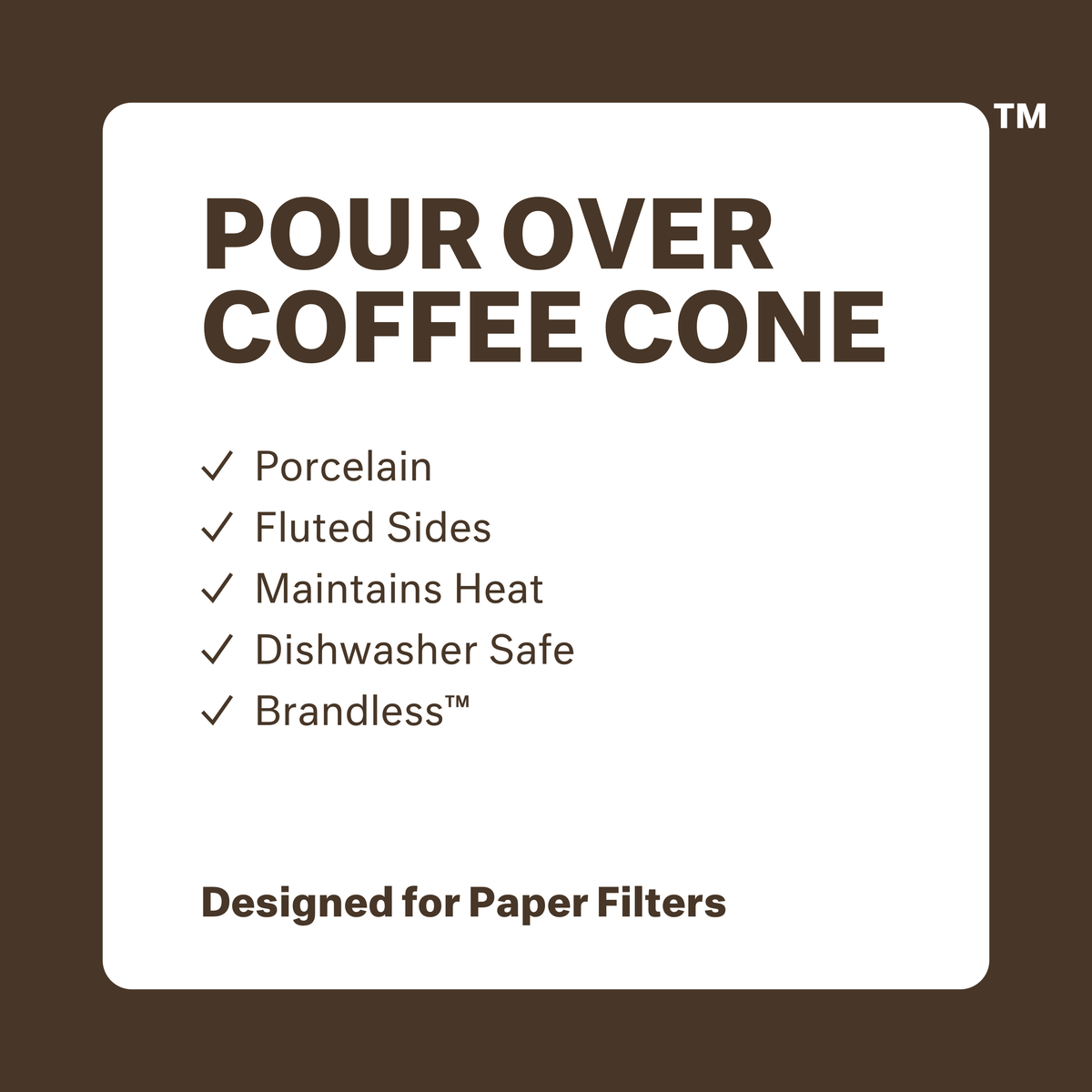 Pour over coffee cone: white porcelain, fluted sides, maintains heat, dishwasher safe, brandless. Designed for flat-truncated conical paper filters.