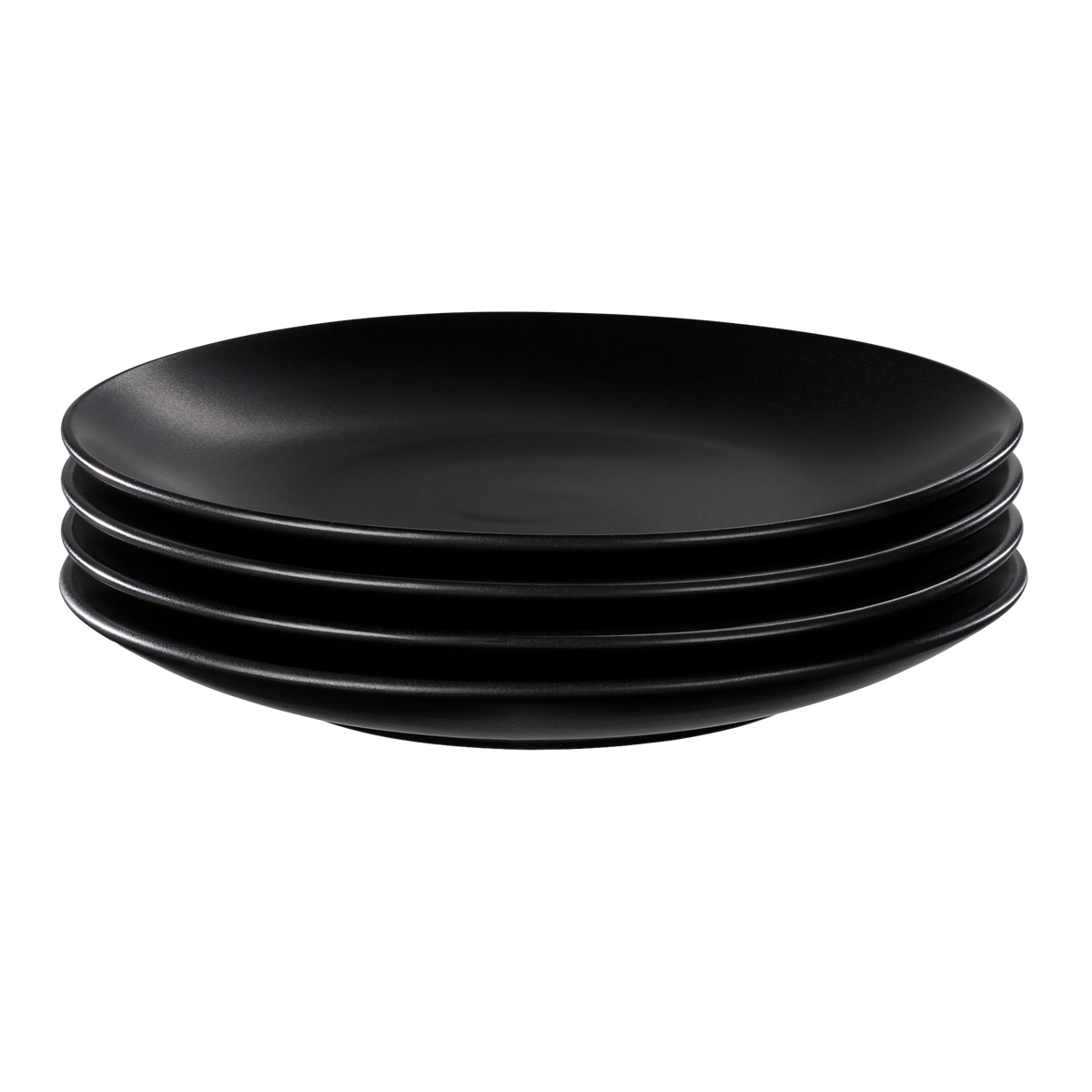Product photo, a set of 4 stacked black stoneware salad plates.