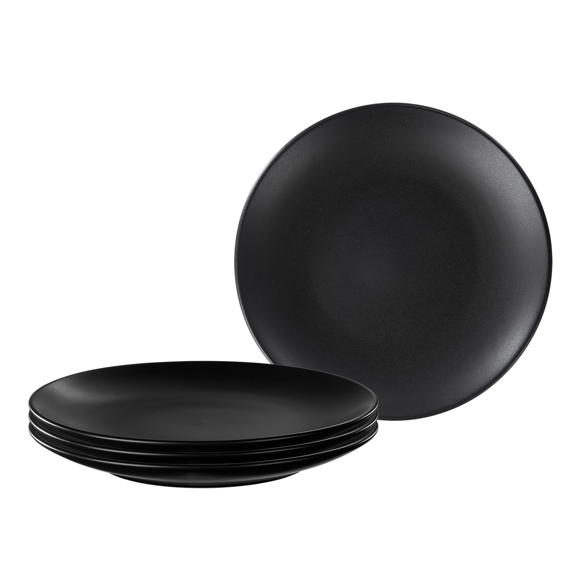 Product photo, three stacked black stoneware salad plates and one upright salad plate showing the size and rim curvature of the plates.