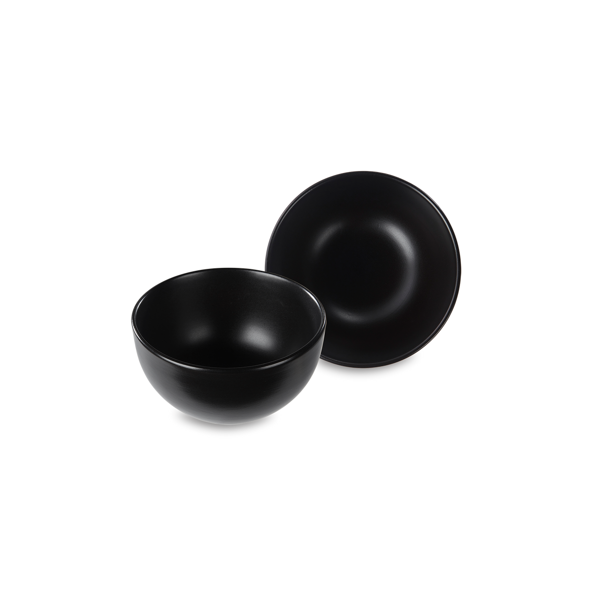 Product photo, set of two black stoneware ceral bowls.
