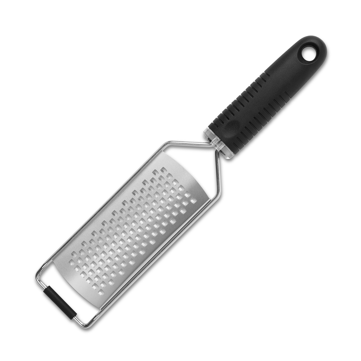 Front view, coarse cheese grater, rubber handle, and non-slip cutting board guard