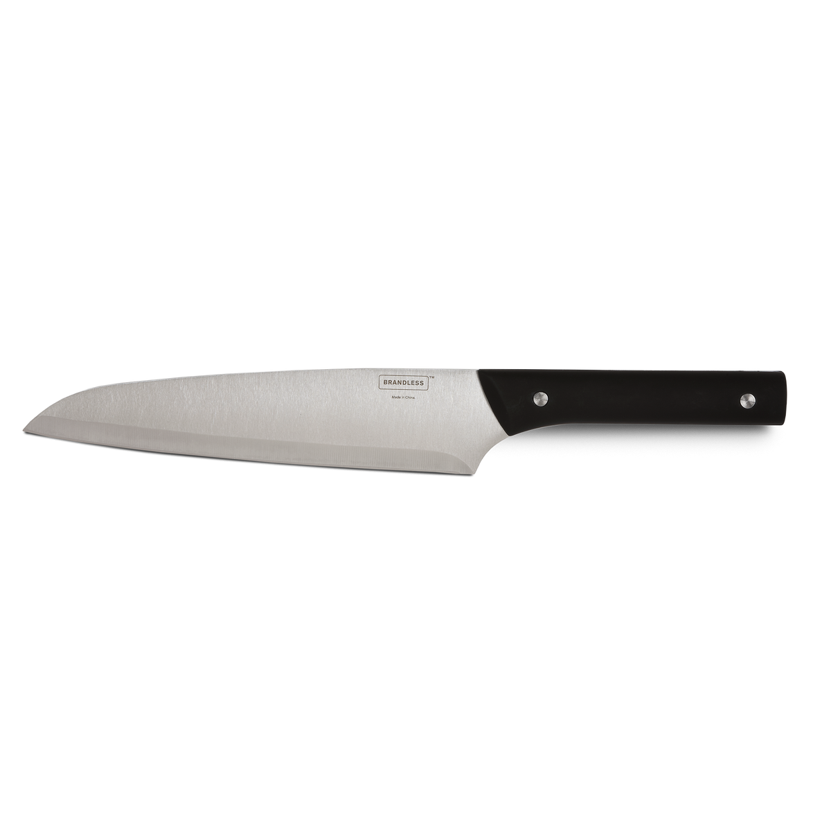 Product photo, 8 inch chef&#39;s knife with black riveted handle.