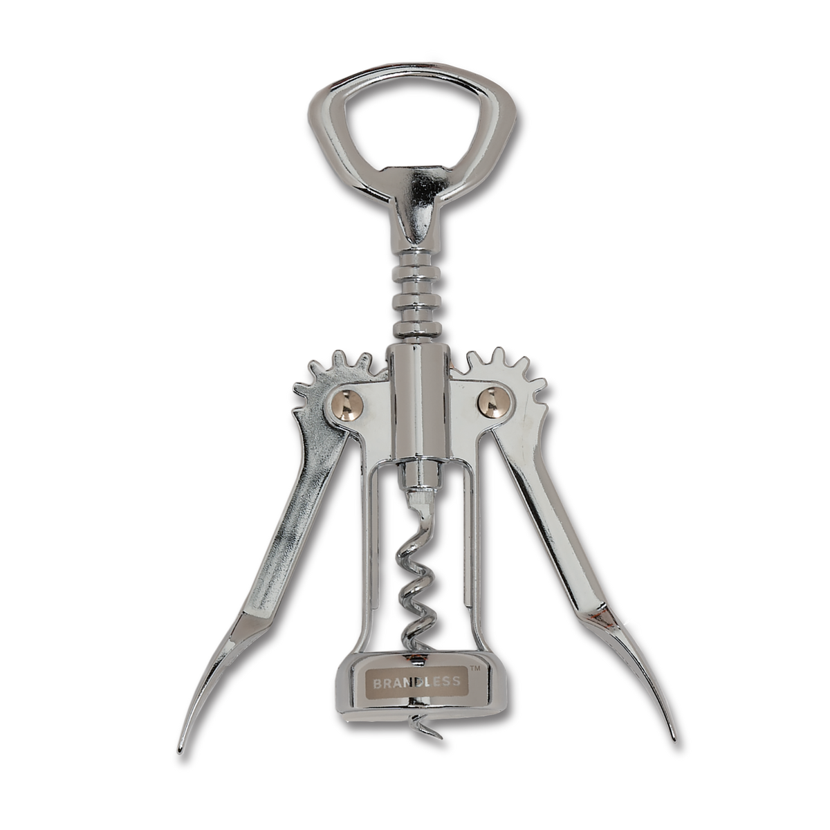 Front view, Brandless chrome-colored gear-arm corkscrew with bottle opener.