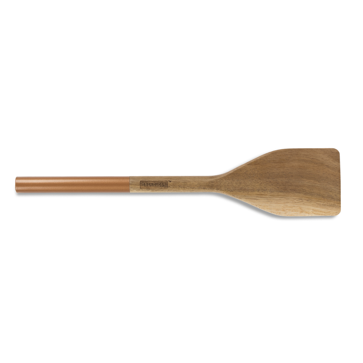 Product photo, acacia wood turner with copper color handle cap.