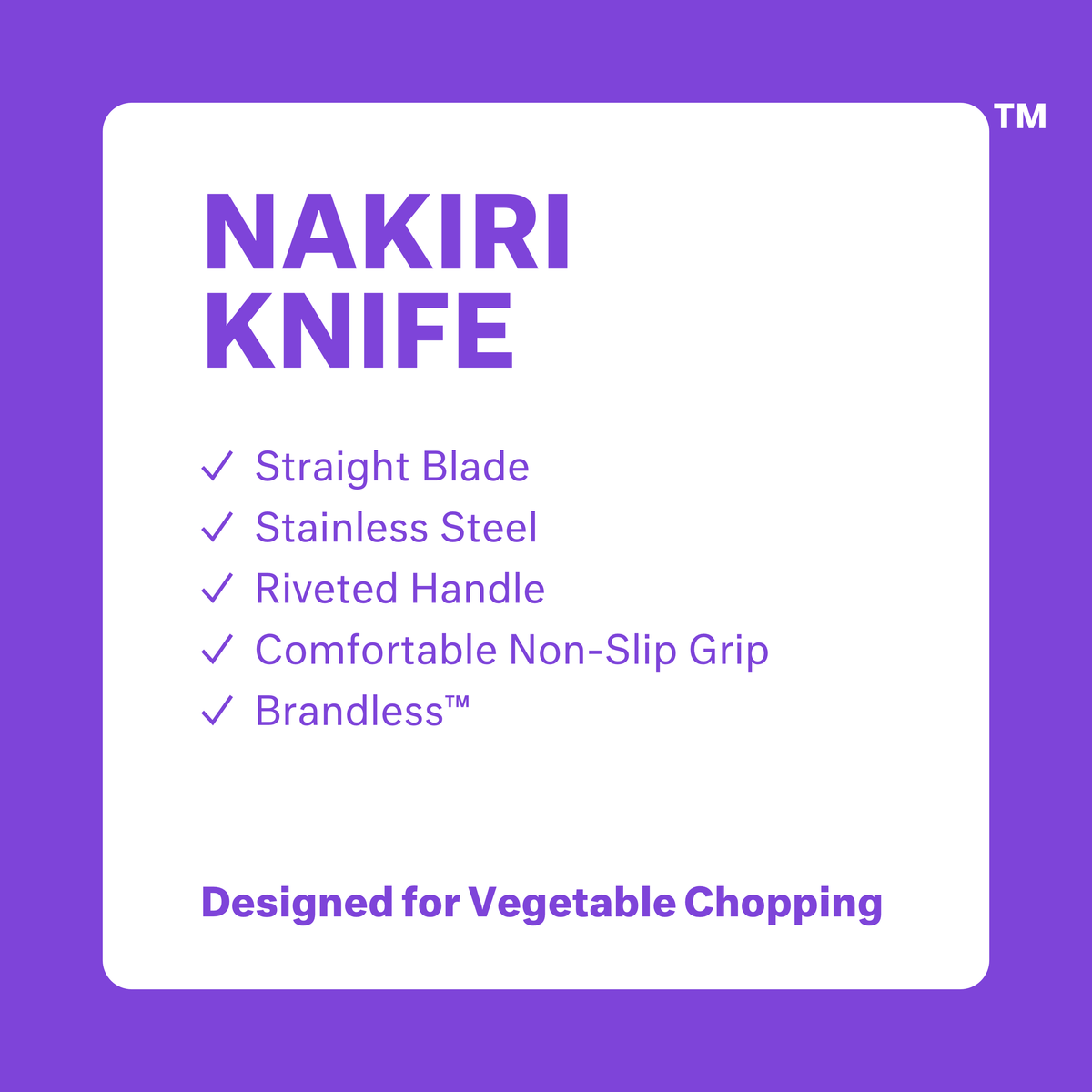 Nakiri Knife. Straight blade. Stainless steel. Riveted handle. Comfortable non-slip grip. Brandless. Designed for vegetable chopping.