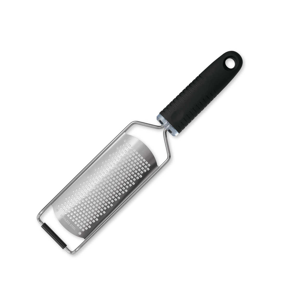 Front view, fine cheese grater, rubber handle, and non-slip cutting board guard