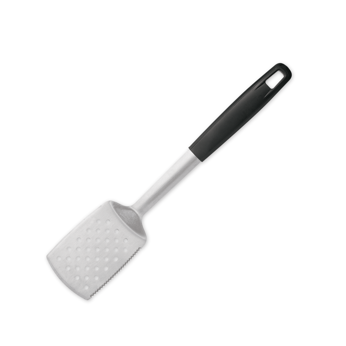 Grill spatula. Stainless steel. Large perforated blade. Non-slip nylon handle. Serrated edge for cutting. Brandless. Designed for outdoor grills.
